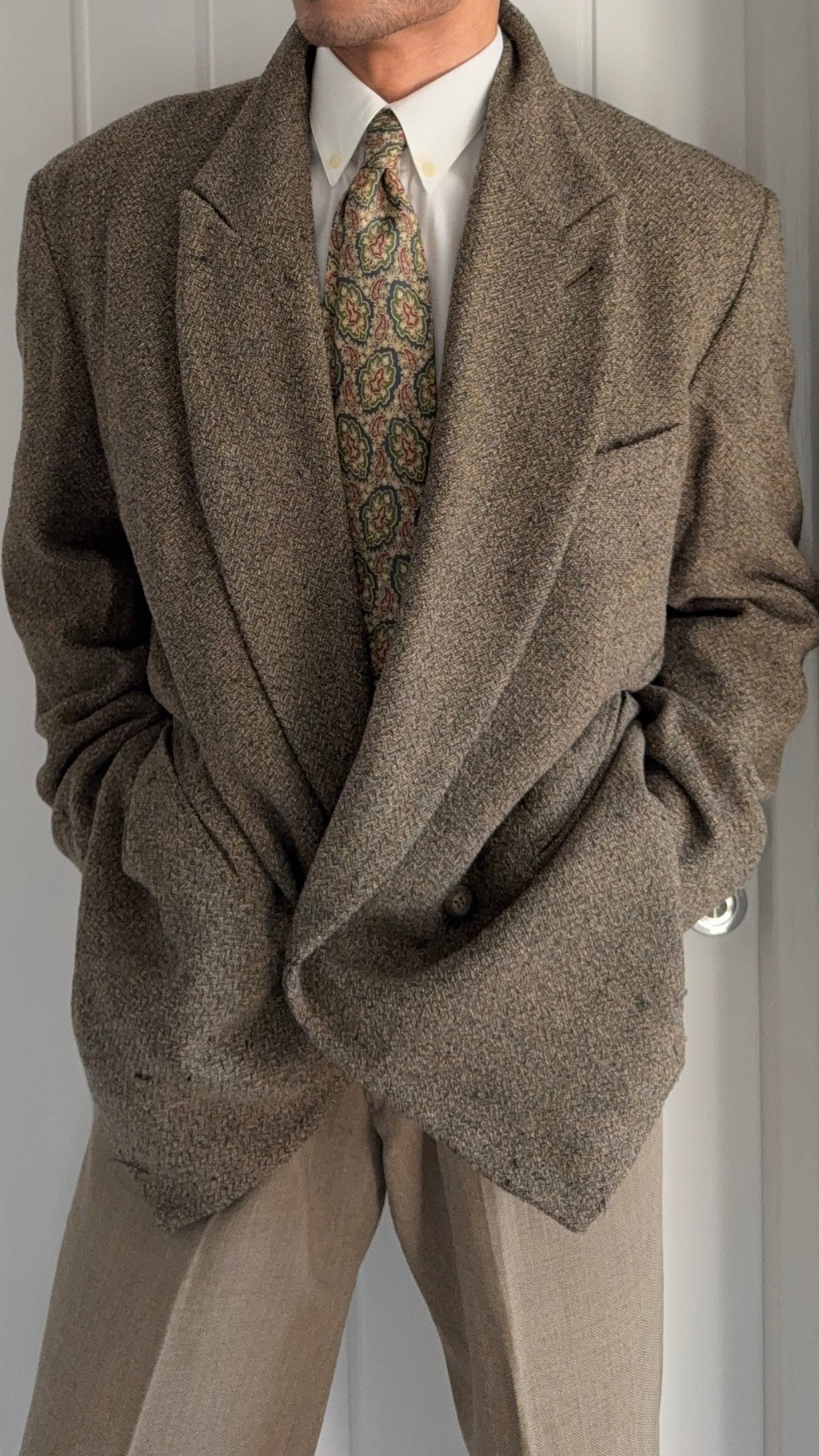 Emporio Armani 1980s Peaked Lapel Double Breasted Textured Wool Blend Relaxed Sport Jacket Blazer - Size XL