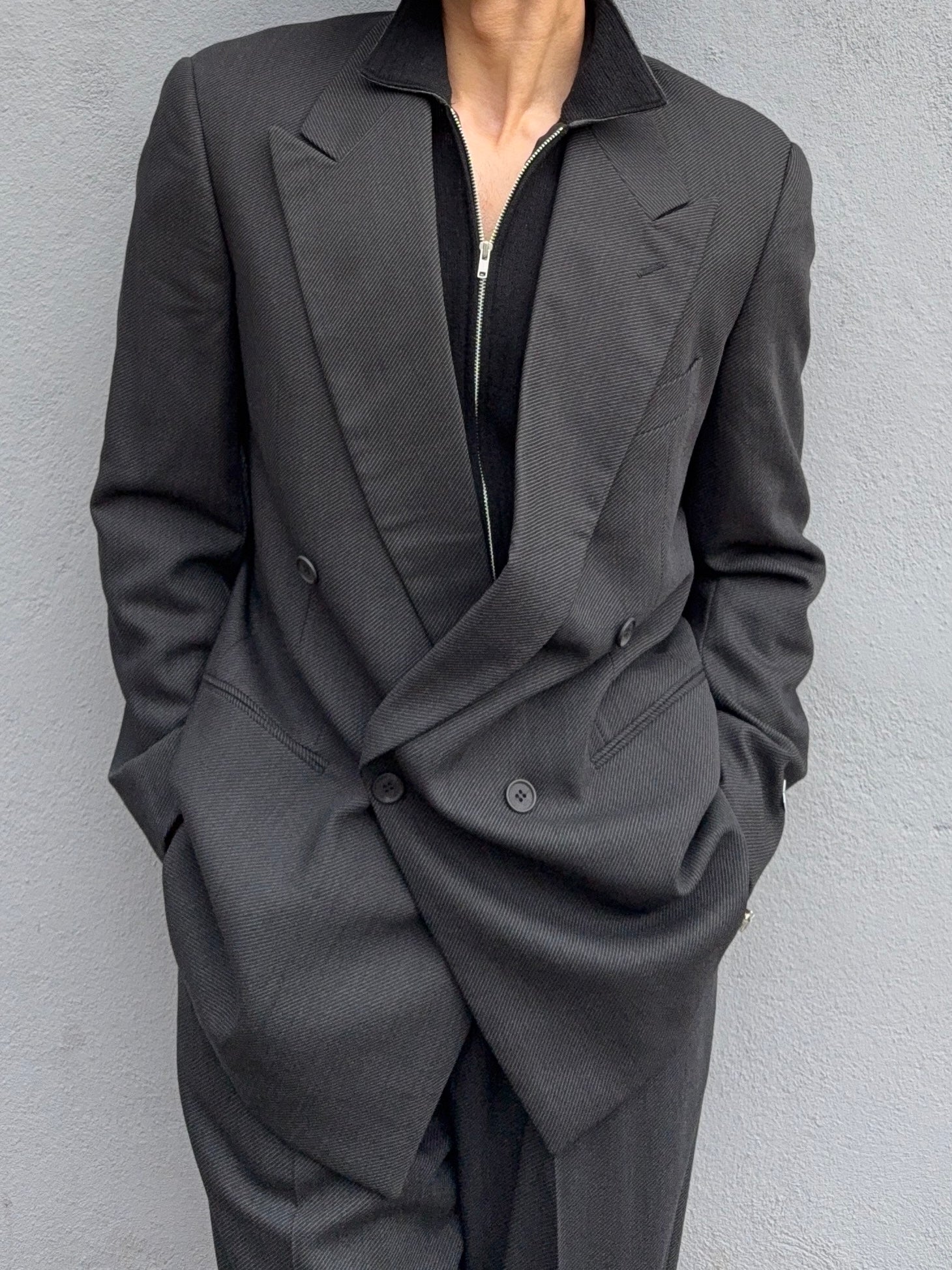 Giorgio Armani 1980s Double Breasted Pleated Wool Suit Charcoal Grey New - Size L Jacket / 32" Waist