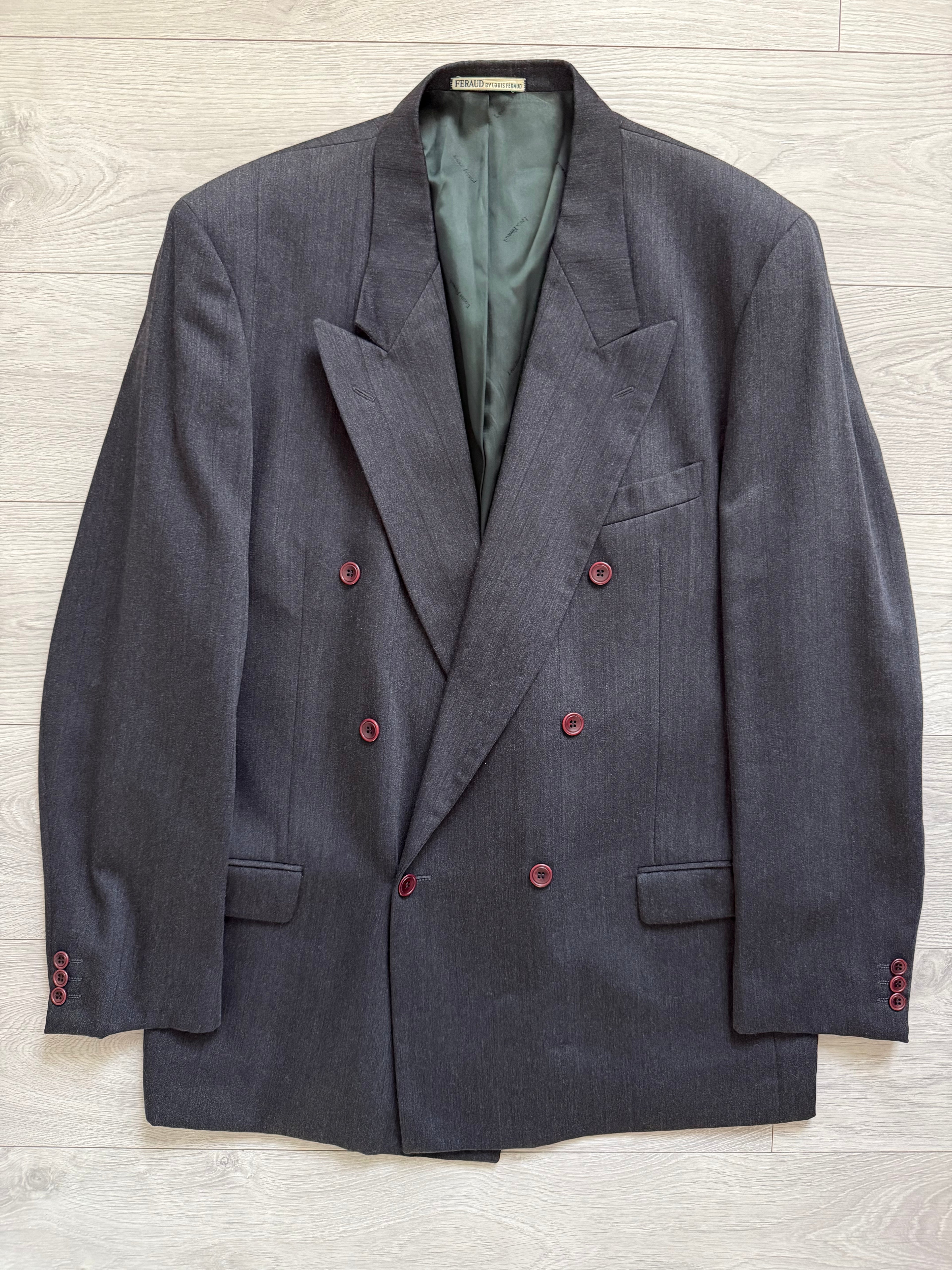 Louis Feraud Armani 1980s Peaked Lapel Double Breasted Pleated Pure New Wool Charcoal Grey Suit - Size XXL Jacket / 40" Waist