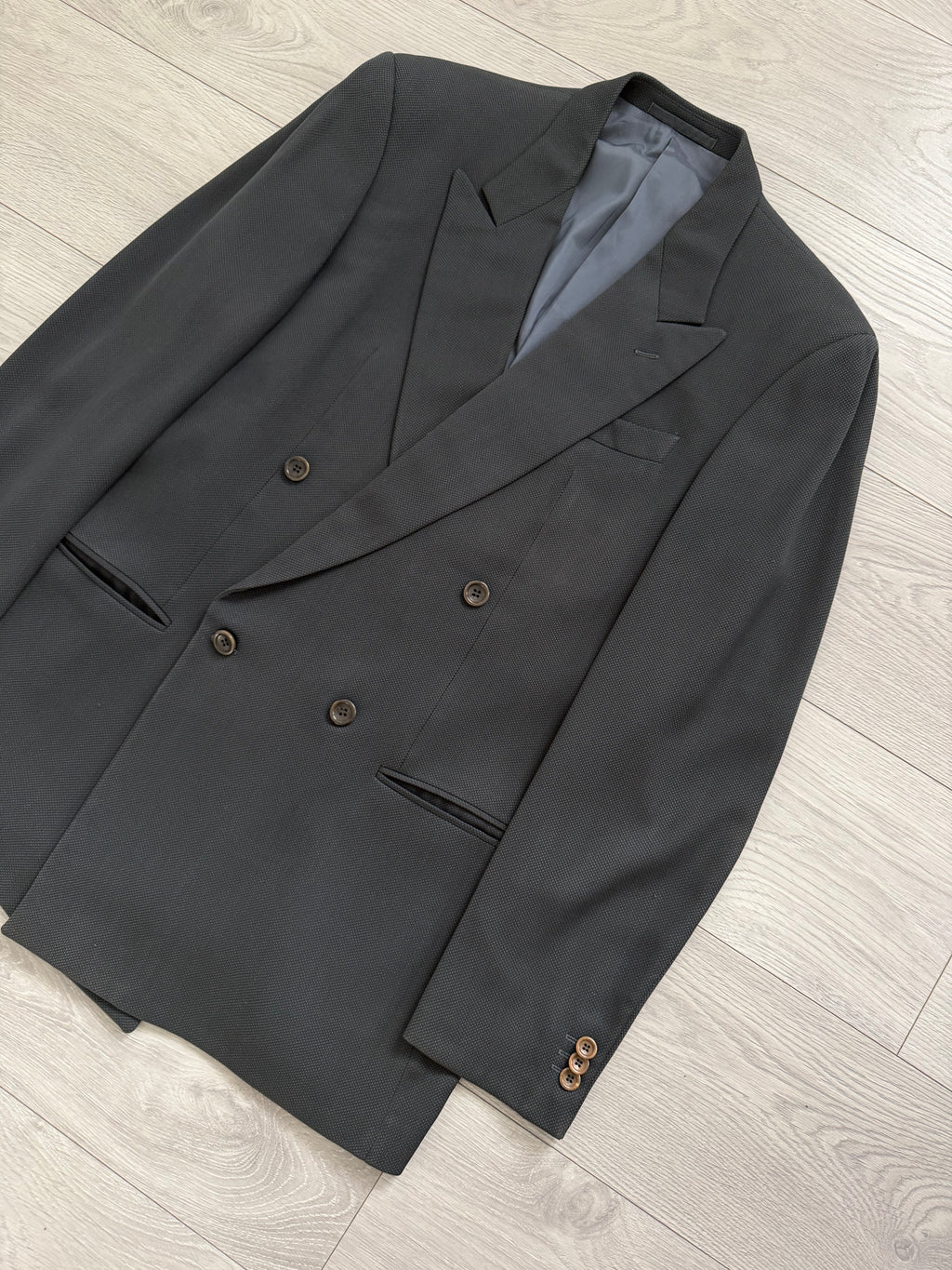 Armani 1990s Peaked Lapel Double Breasted Pleated Wool Silk Suit Dark Forest Green - Size L Jacket / 34" Waist