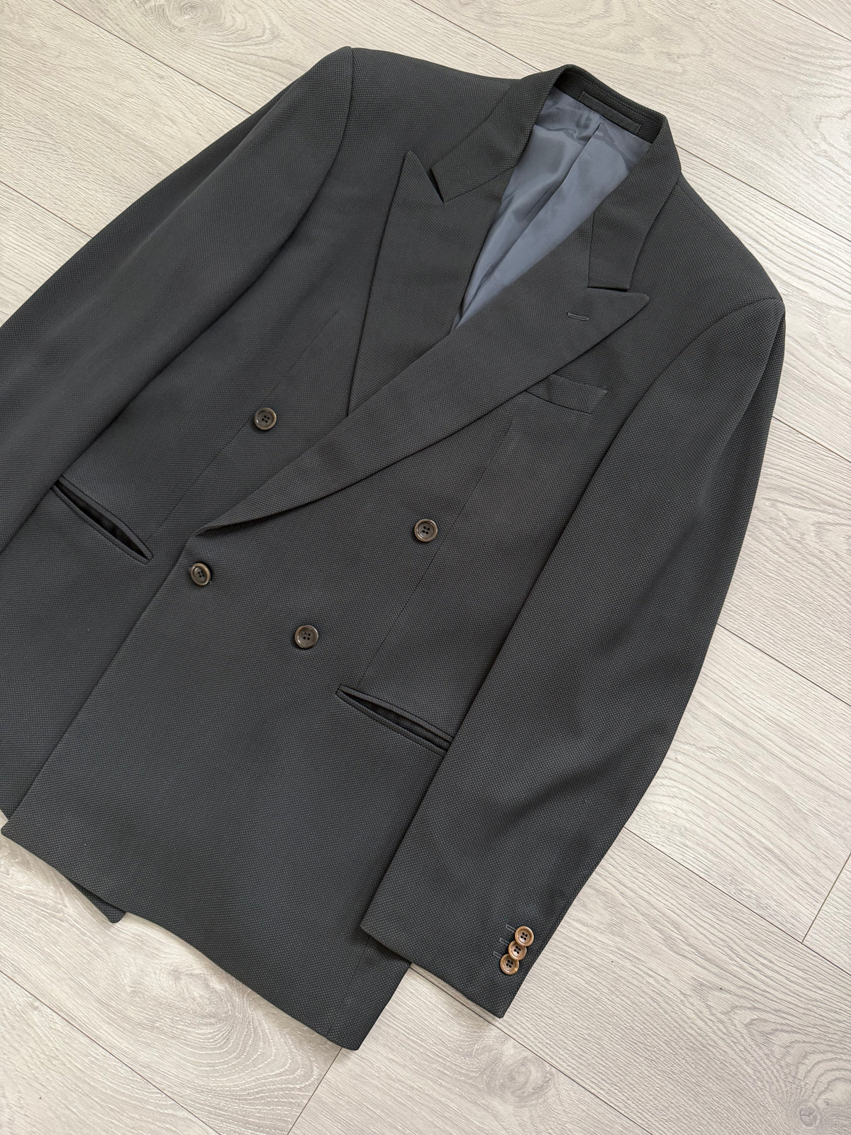Armani 1990s Peaked Lapel Double Breasted Pleated Wool Silk Suit Dark Forest Green - Size L Jacket / 34" Waist