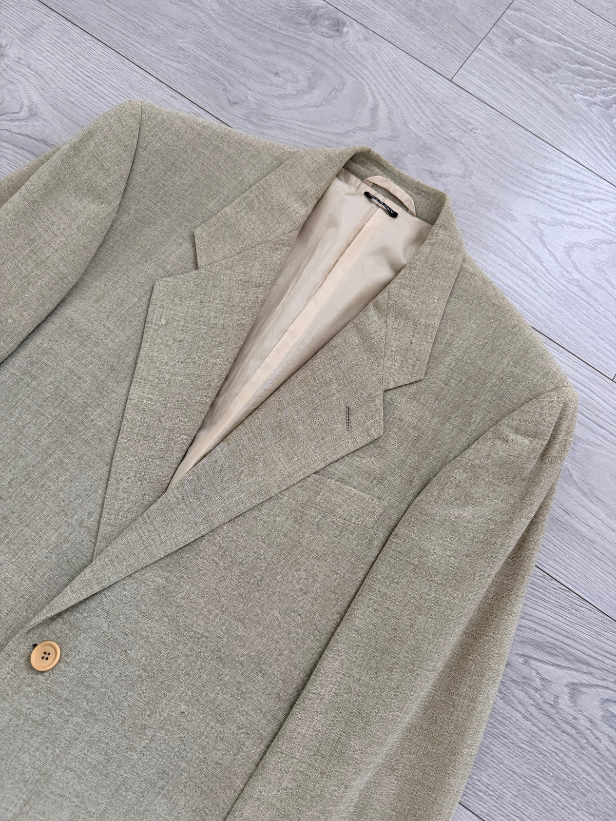Giorgio Armani Black Label 1990s 2B Pleated Rayon Wool Draped Suit Taupe Beige - Size S Jacket / 29" Waist