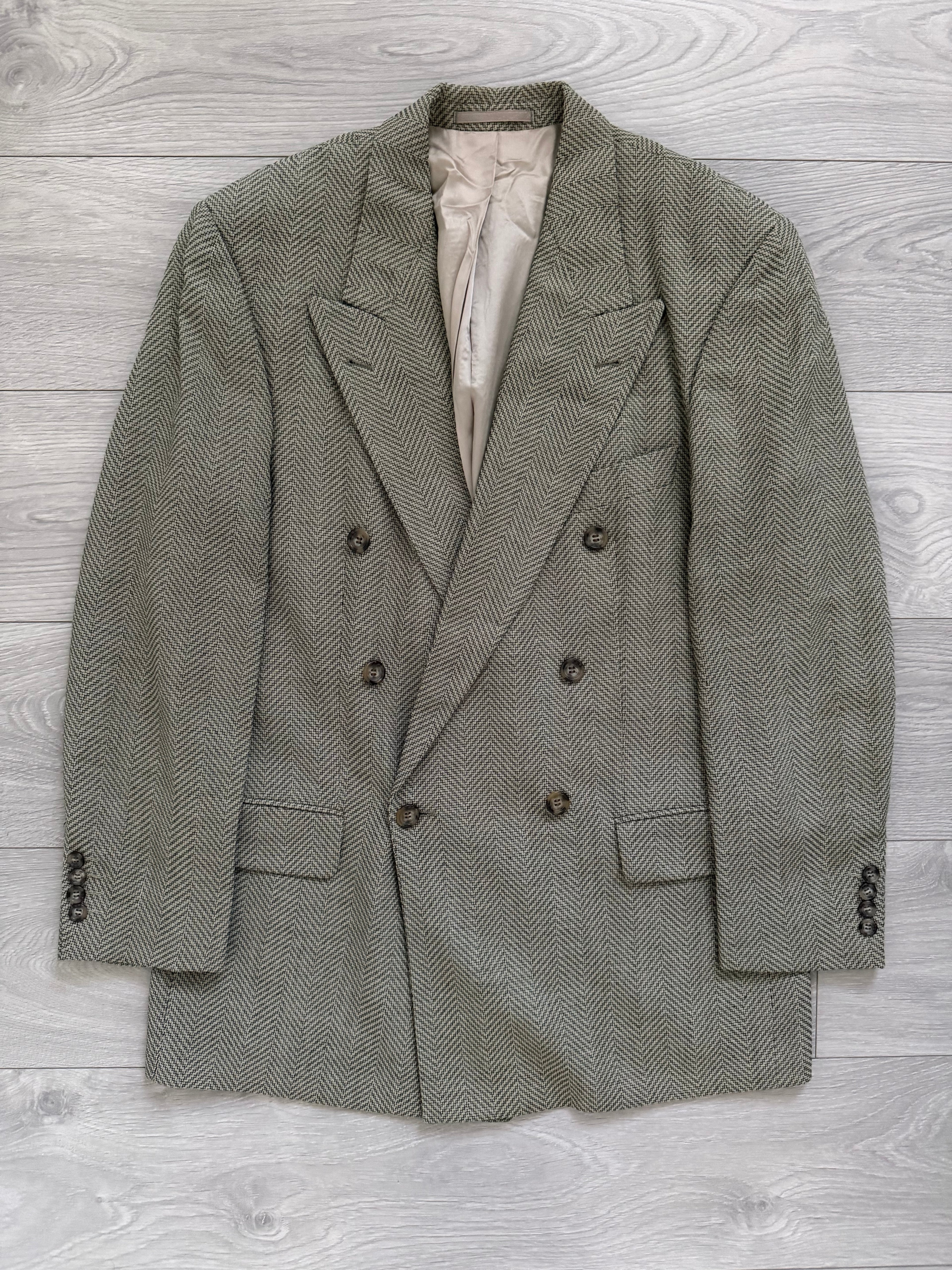 Hugo Boss 1980s 'Zeus' Peaked Lapel Double Breasted Herringbone Wool Sports Blazer Jacket - Size L