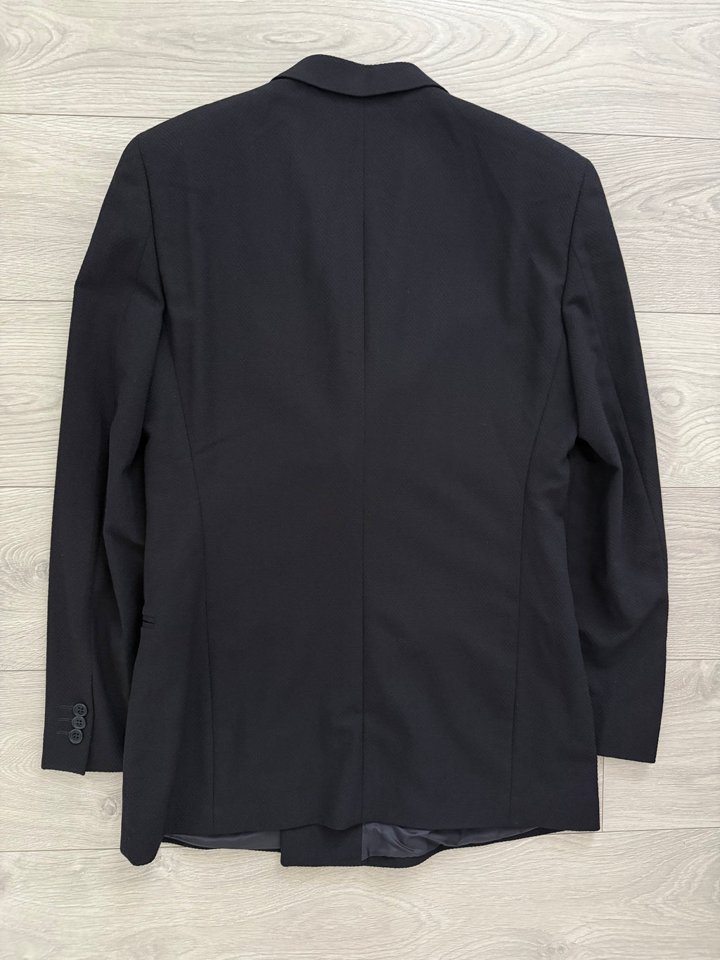 Emporio Armani 1990s 6B Peaked Lapel Double Breasted Herringbone Wool Suit Navy - Size S Jacket / 30" Waist