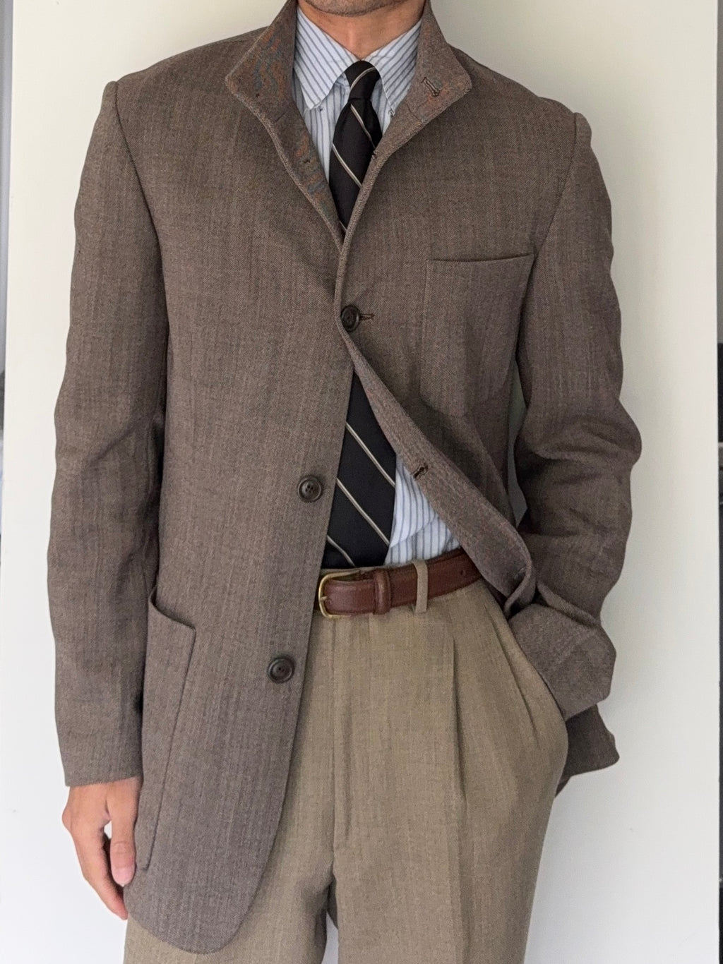 Emporio Armani 1998 Nehru Collar Taupe Brown Sports Jacket - Size S