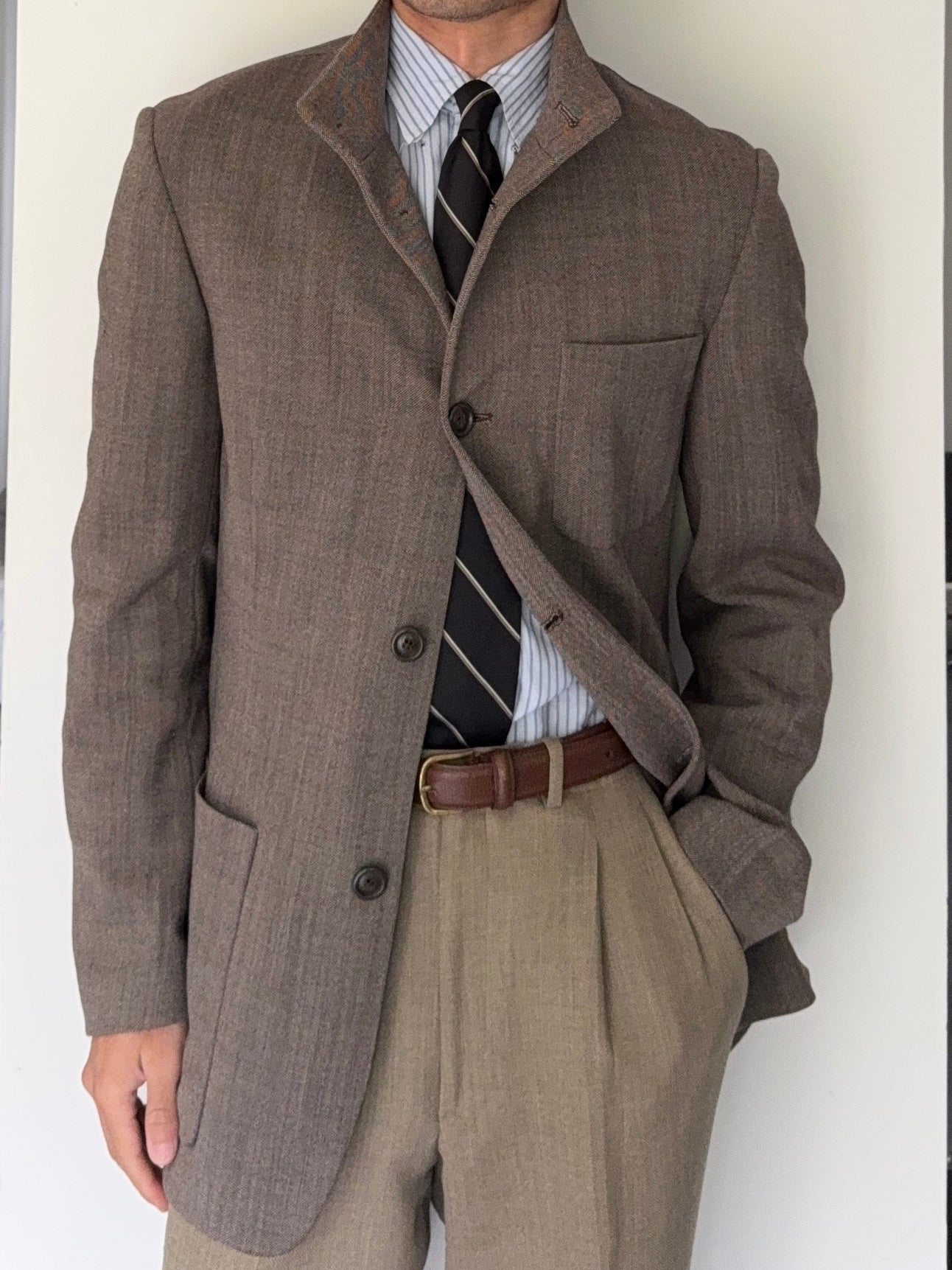 Emporio Armani 1998 Nehru Collar Taupe Brown Sports Jacket - Size S