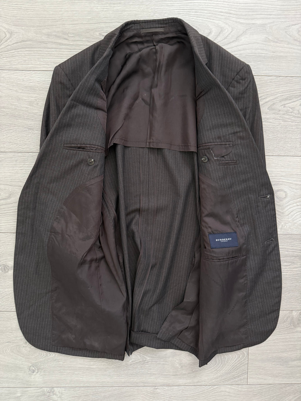 Burberry 1990s 2B Striped Wool Double-Pleat Espresso Grey Suit - Size M Jacket / 33" Waist