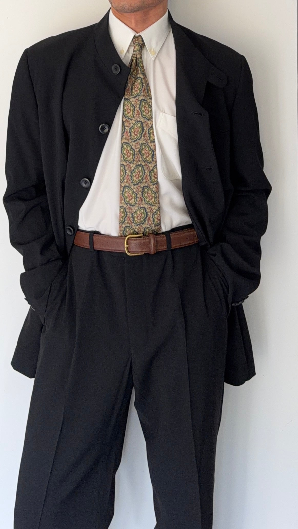 Armani 1990s Nehru Collar Draped Wool Suit - Size XXL Jacket / 38" Waist