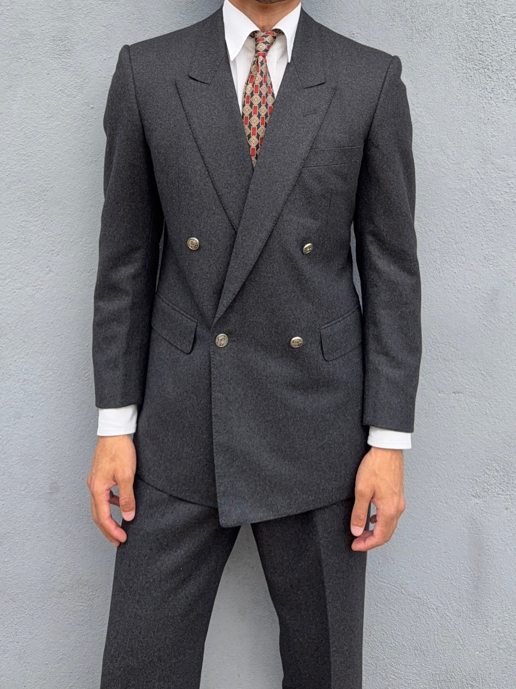 Christian Dior 1980s Peaked Lapel Double Breasted Metal Button Wool Suit - Size S Jacket / 29" Waist