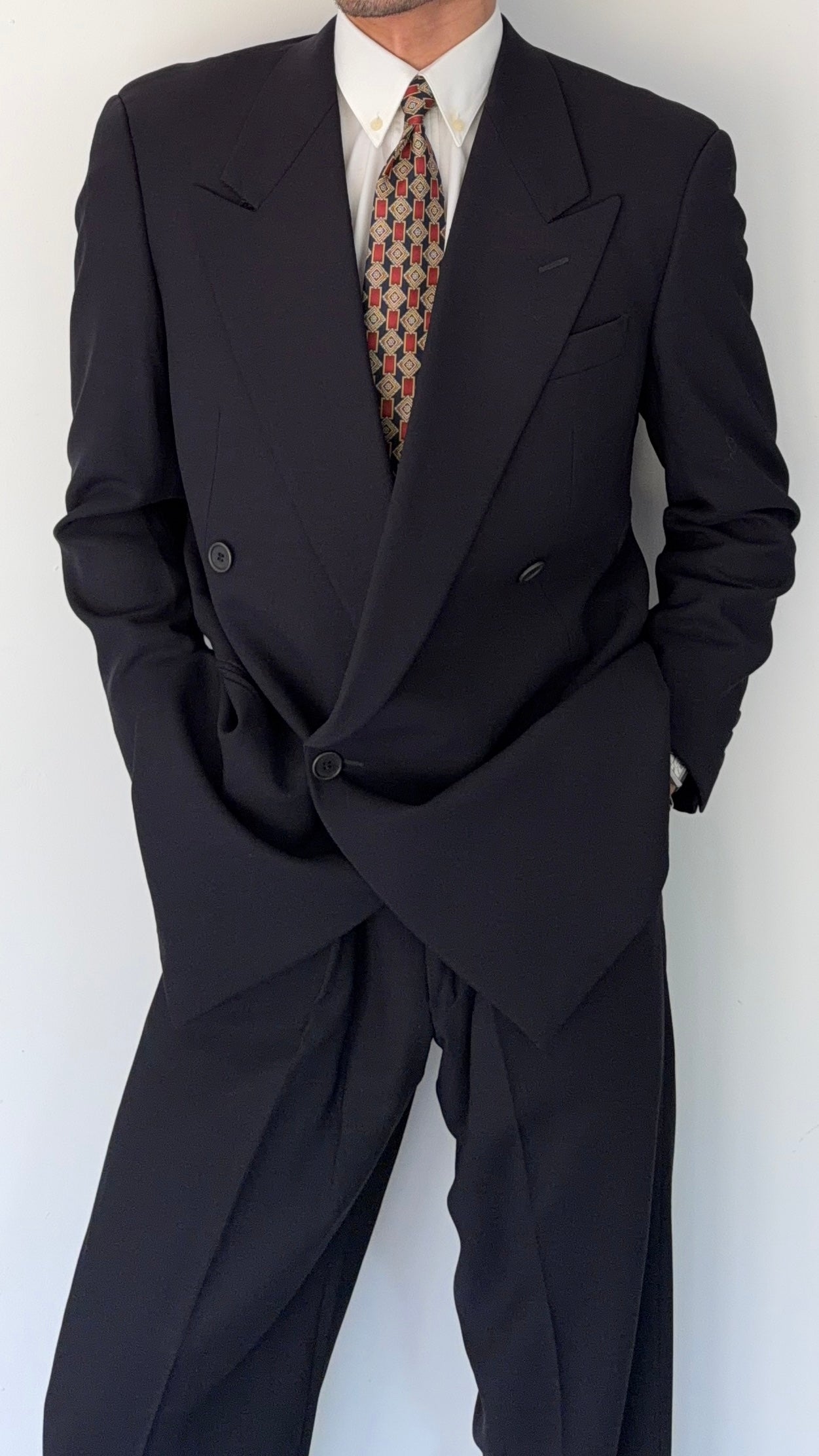 Giorgio Armani 1980s Peaked Lapel Double Breasted Wool Navy Suit - Size M Jacket / 30" Waist