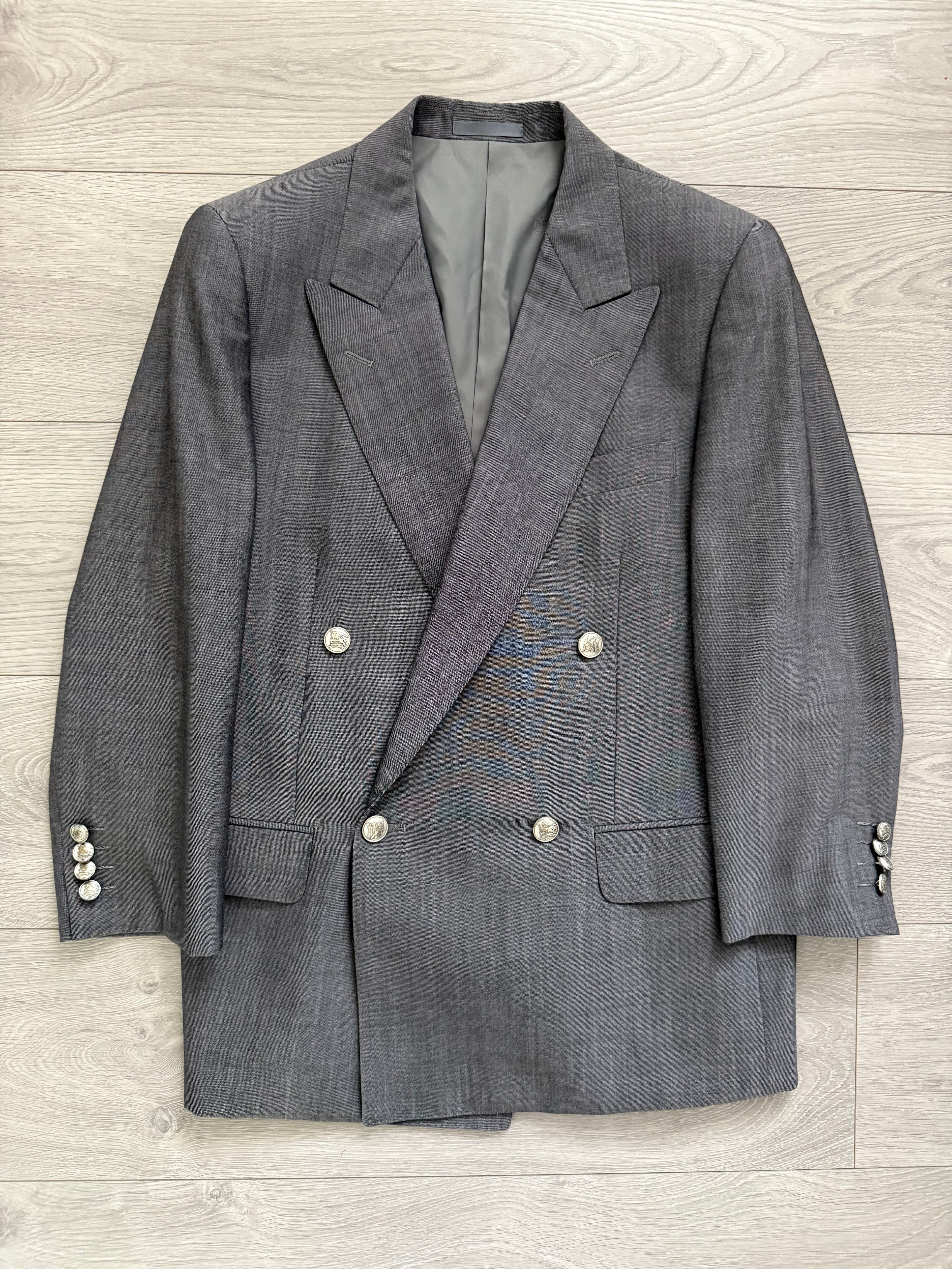 Burberry 1980s Peaked Lapel Double Breasted Pleated Wool Suit Grey - Size S Jacket / 32" Waist