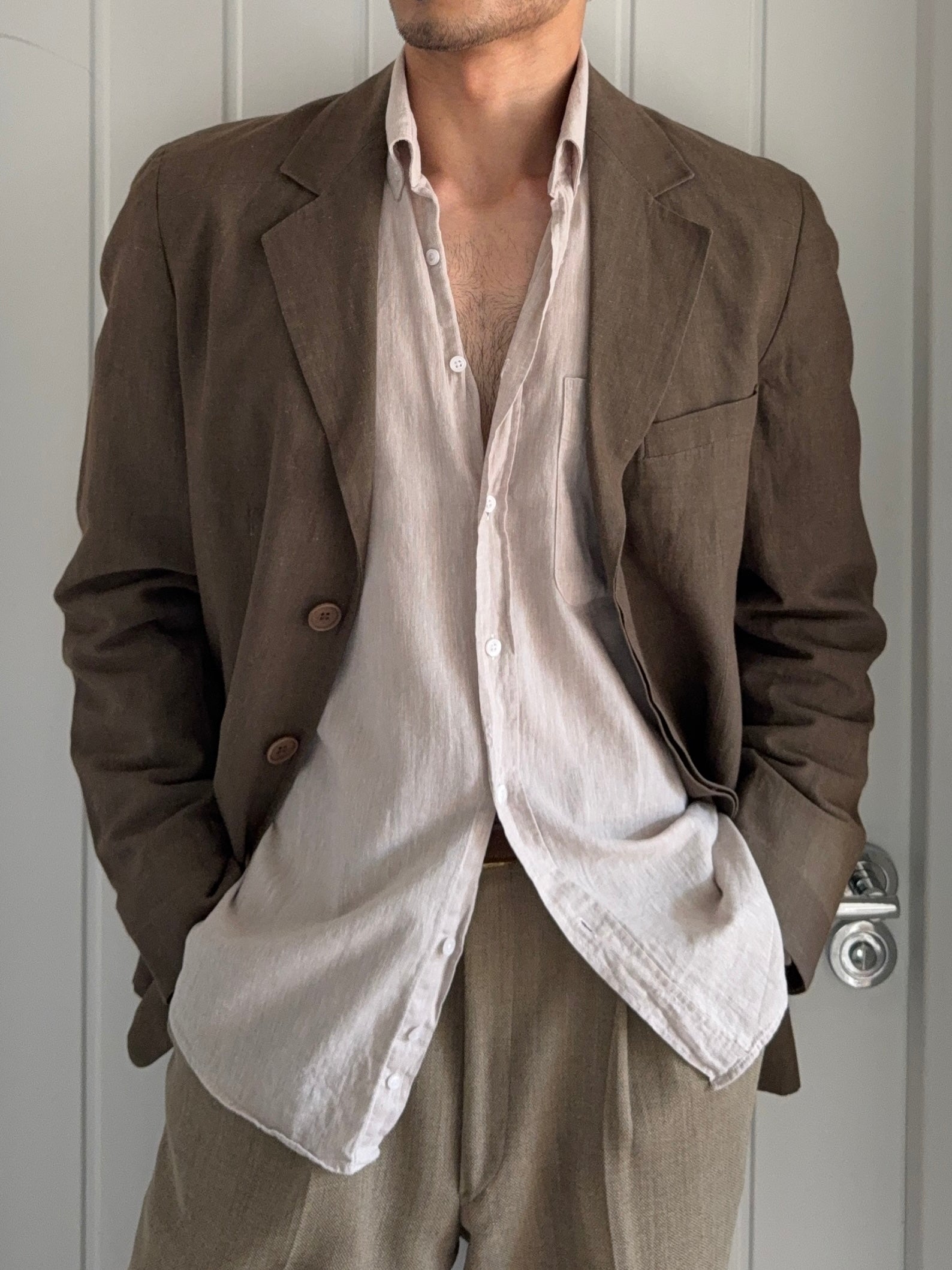 Emporio Armani 1990s 3B Linen Cotton Brown Sports Jacket Blazer - Size S