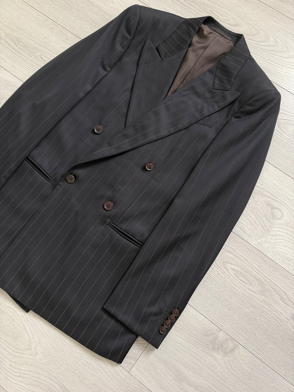 Armani 1990s Peaked Lapel Double Breasted Pleated Wool Suit Espresso Black - Size M Jacket / 32" Waist
