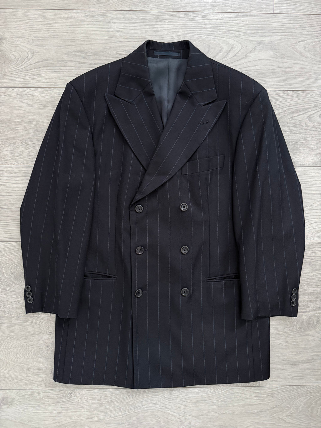 Hugo Boss 1990s 'Nostalgia' 6B Double Breasted Pleated Striped Wool Navy Suit - Size M Jacket / 32" Waist