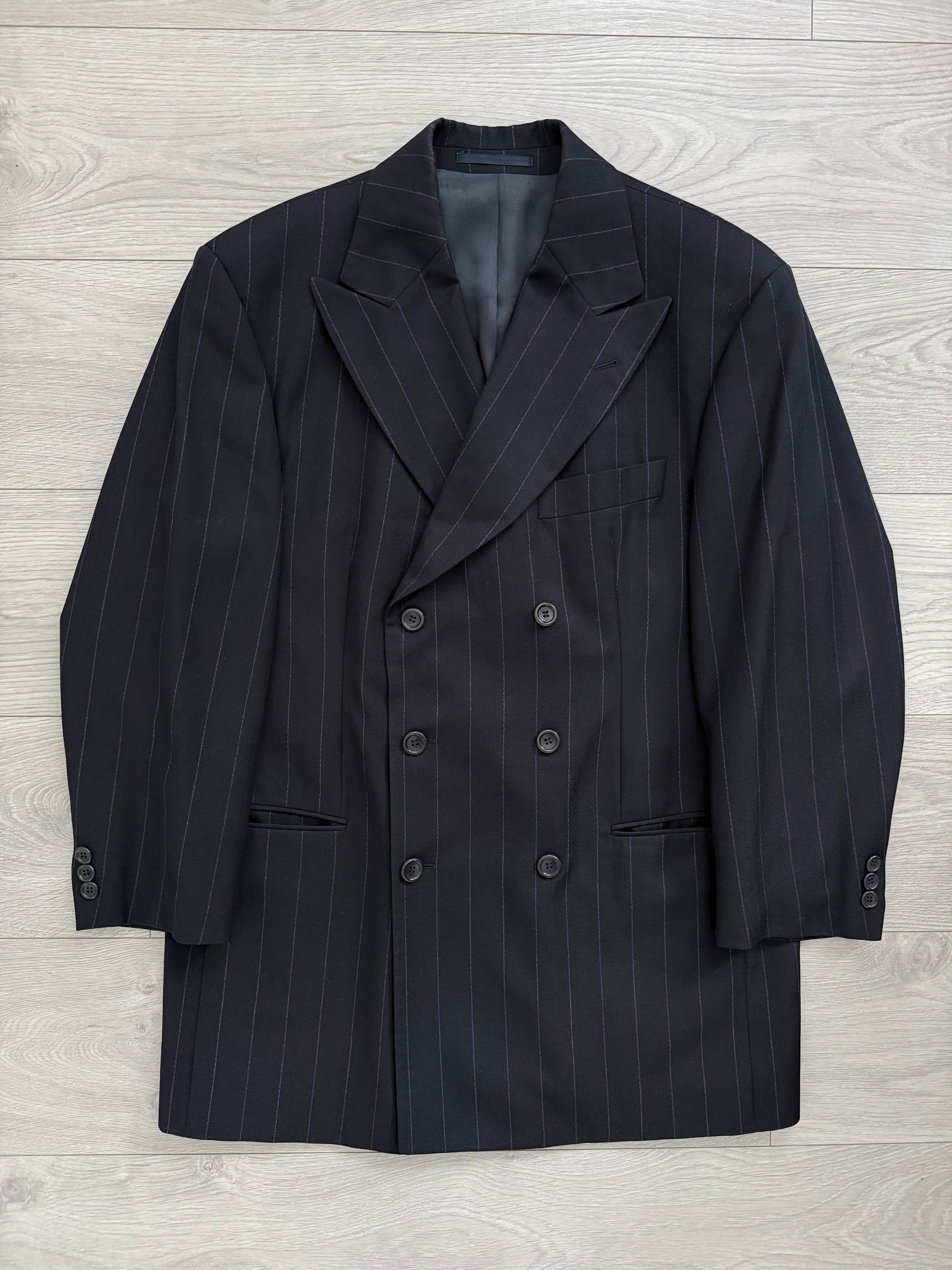 Hugo Boss 1990s 'Nostalgia' 6B Double Breasted Pleated Striped Wool Navy Suit - Size M Jacket / 32" Waist