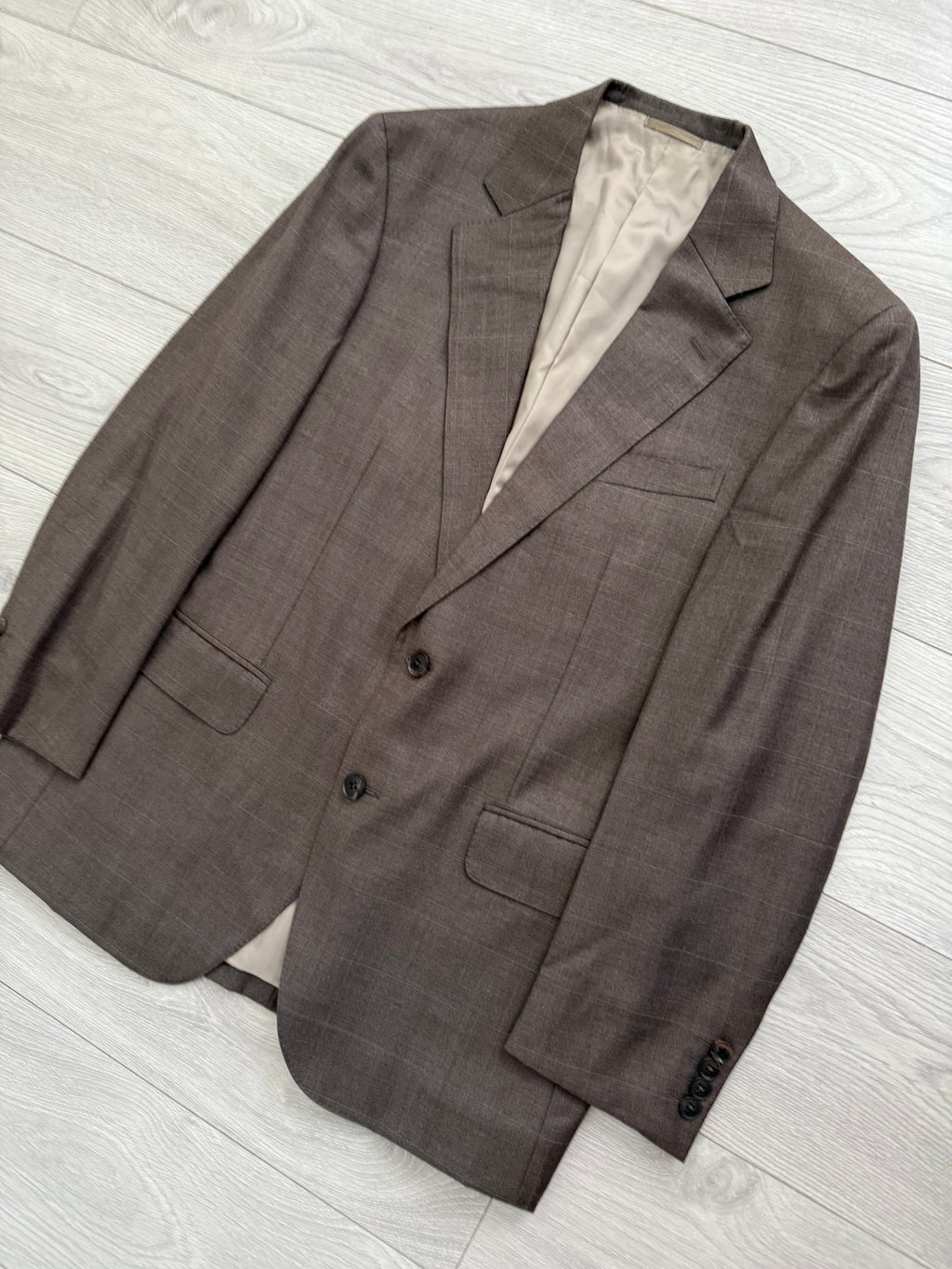 Burberry 1990s 2B Zegna Wool Check Double-Pleat Brown Suit - Size M Jacket / 33" Waist