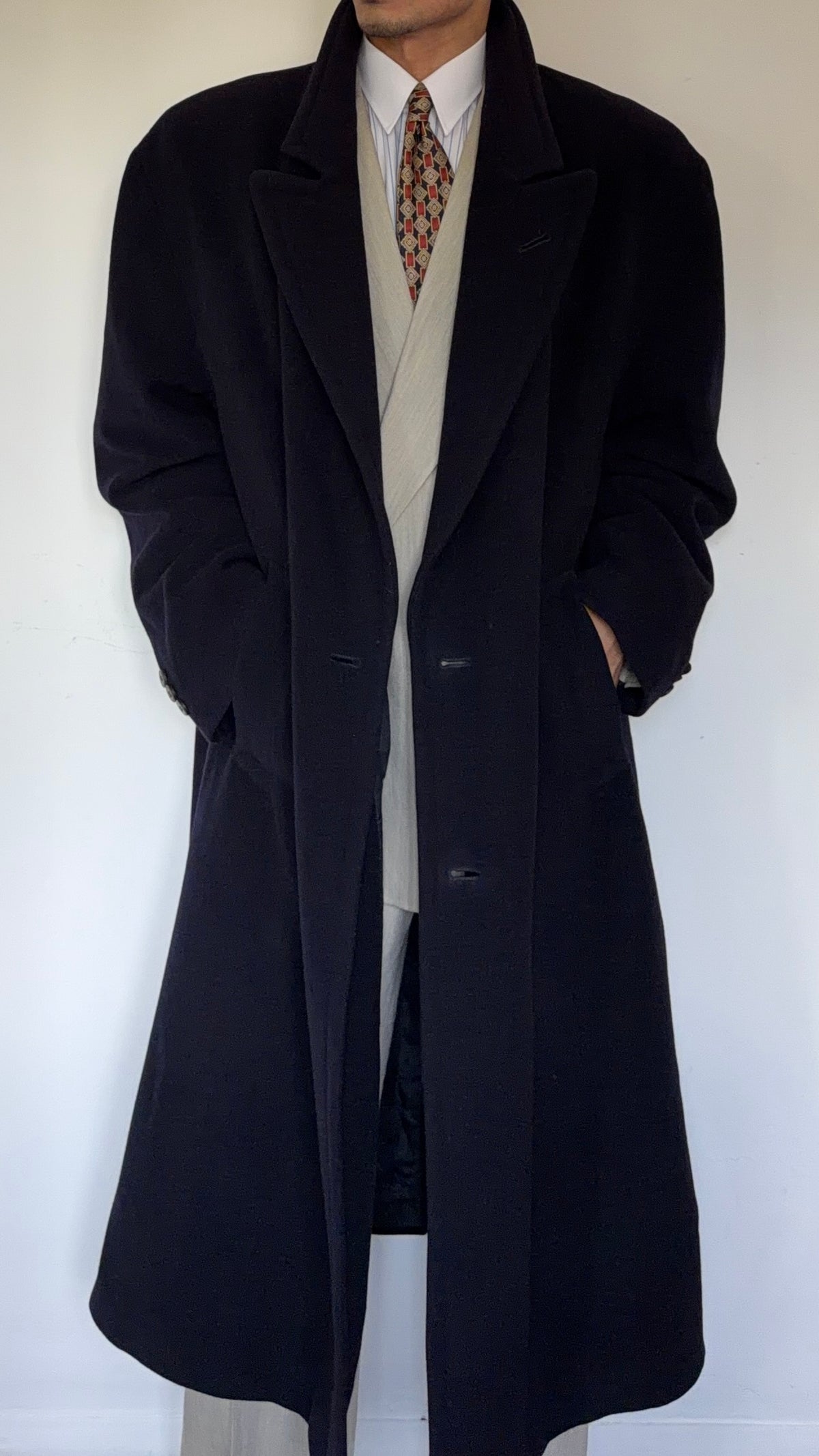 Hugo Boss 1980s 'Yamaha' Peaked Lapel Navy Wool Overcoat - Size XXL