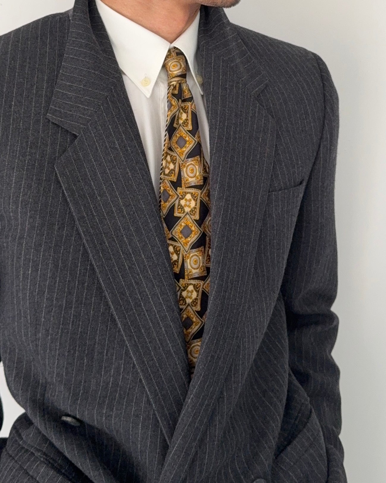 Versace 1980s Notch Lapel Double Breasted Pleated Wool Pinstriped Suit Grey - Size M Jacket / 32" Waist