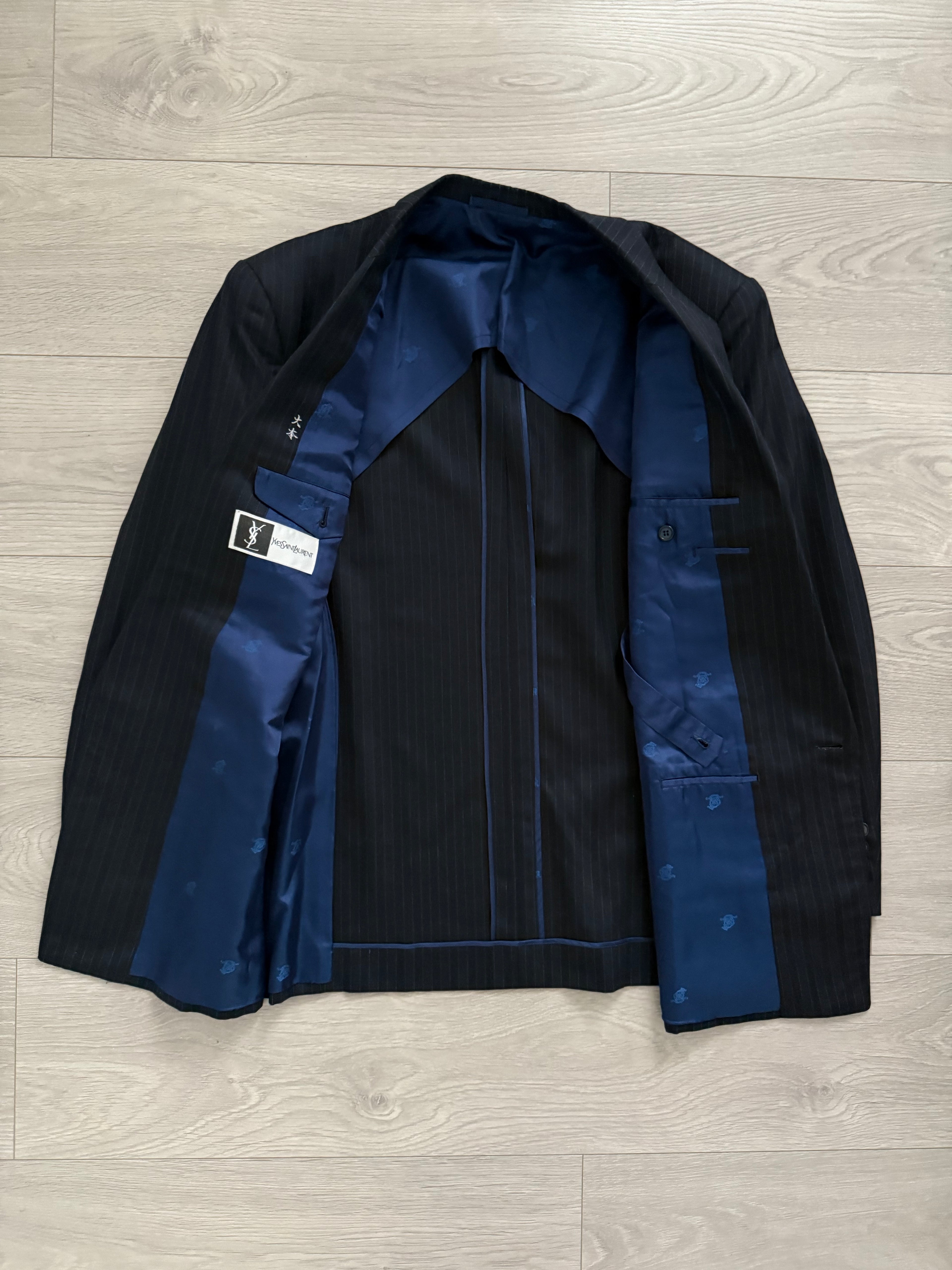 Yves Saint Laurent 1990s Double Breasted Pleated Striped Wool Navy Suit - Size M Jacket / 30" Waist