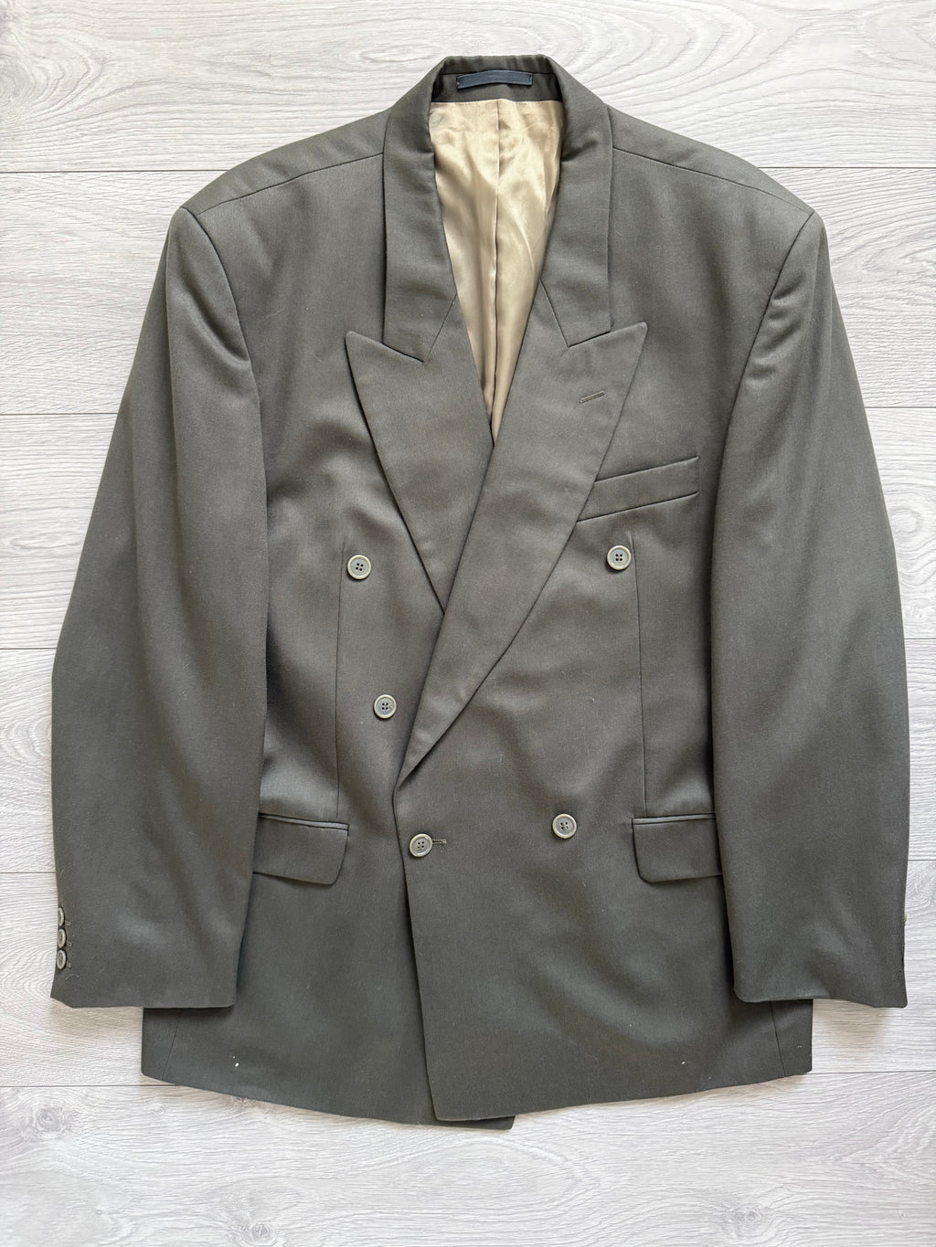 1980s Vintage Peaked Lapel Double Breasted Pleated Pure New Wool Olive Green Suit - Size XL Jacket / 34" Waist
