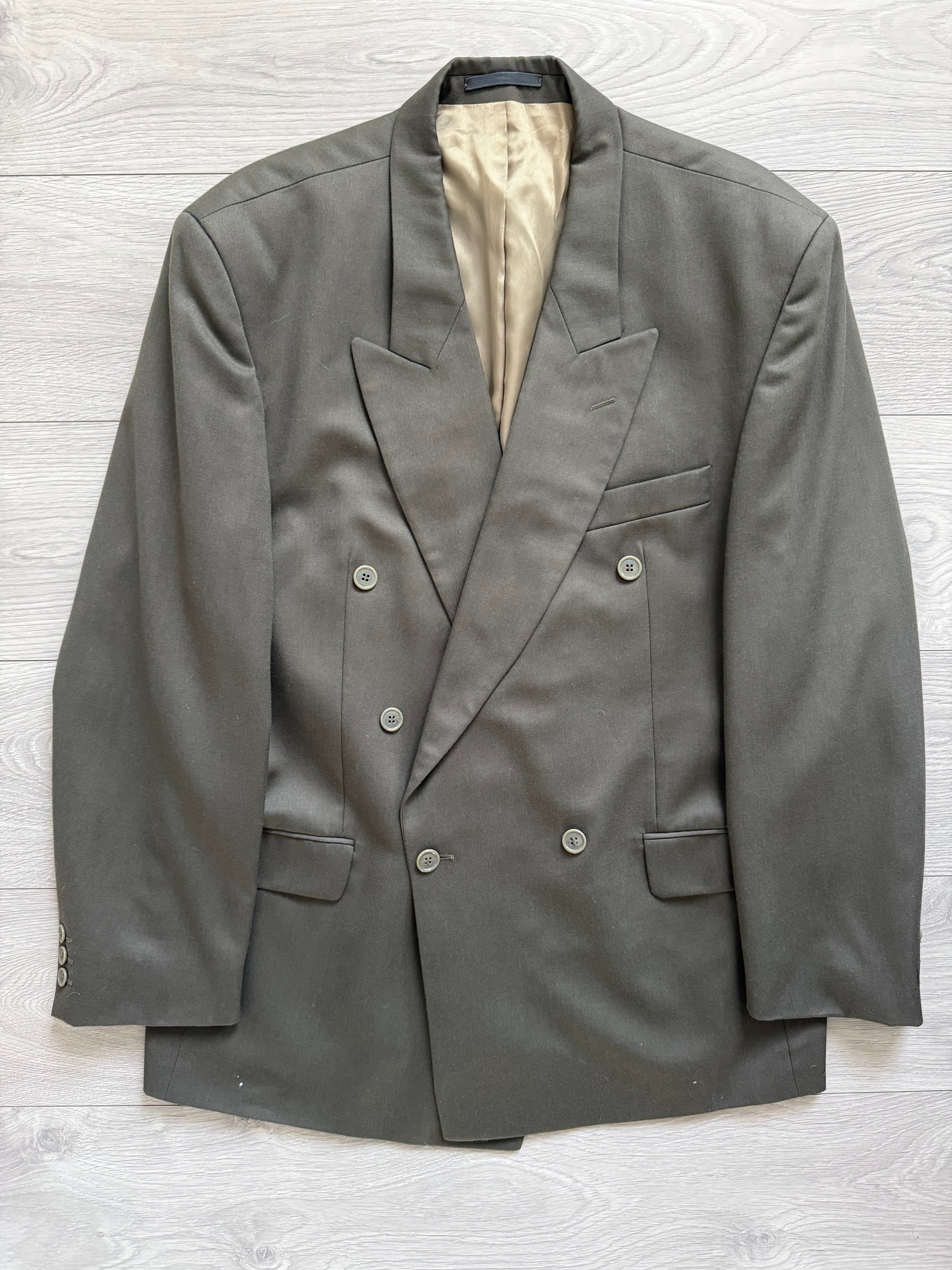 1980s Vintage Peaked Lapel Double Breasted Pleated Pure New Wool Olive Green Suit - Size XL Jacket / 34" Waist