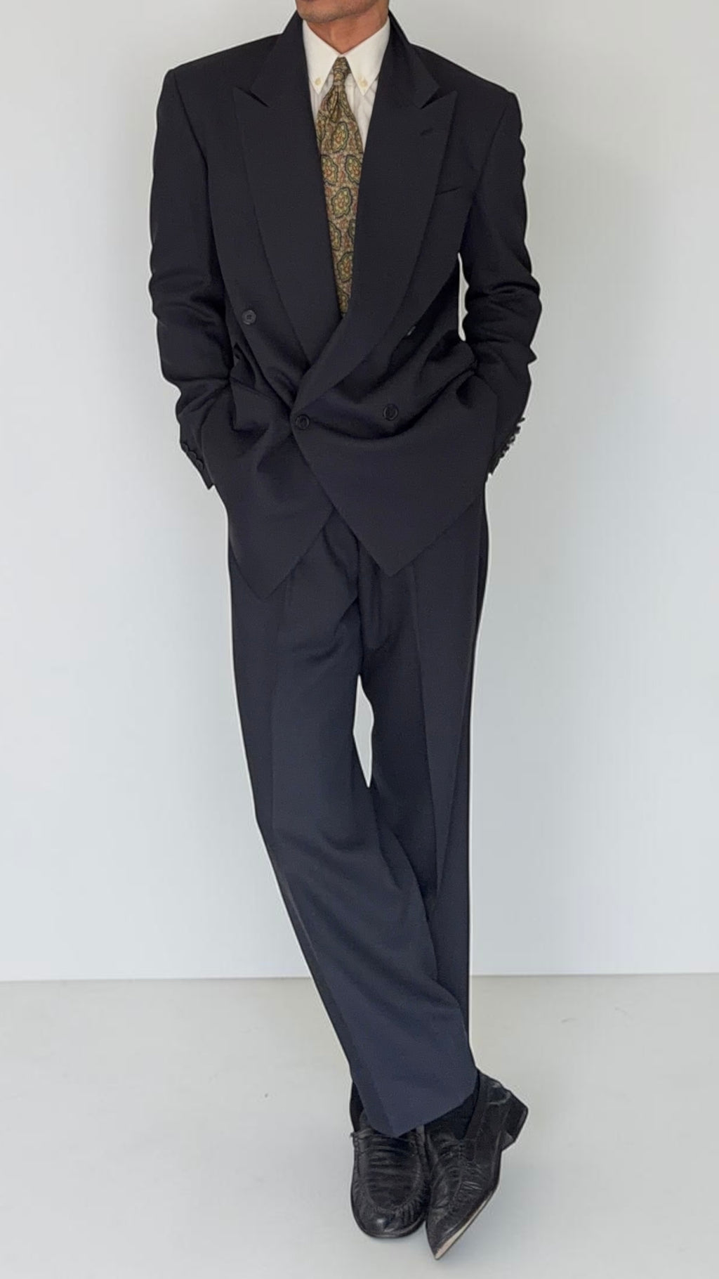 Giorgio Armani 1980s Peaked Lapel Double Breasted Wool Pleated Suit - Size M Jacket / 32" Waist