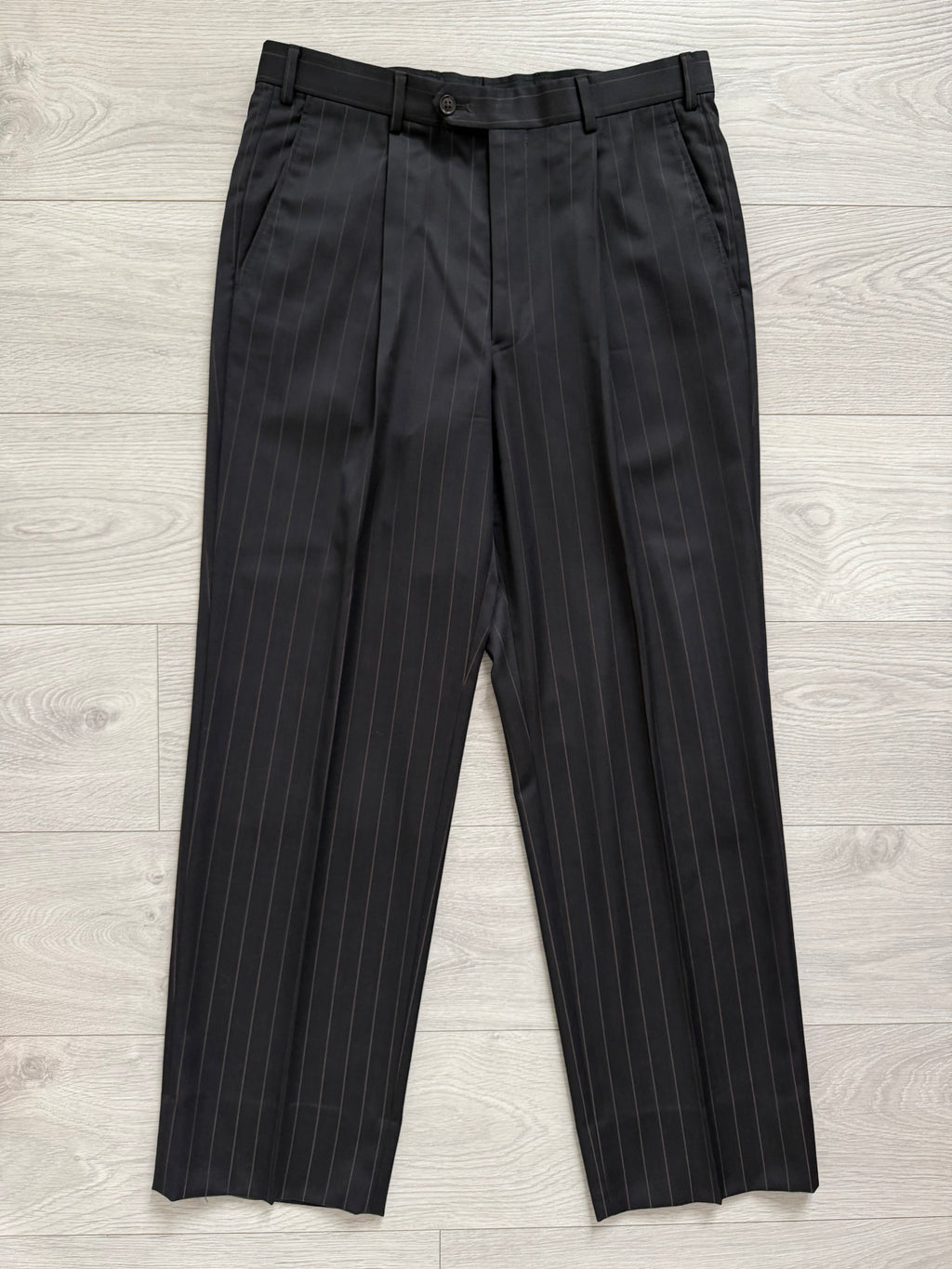 Armani 1990s Peaked Lapel Double Breasted Pleated Wool Suit Espresso Black - Size M Jacket / 32" Waist