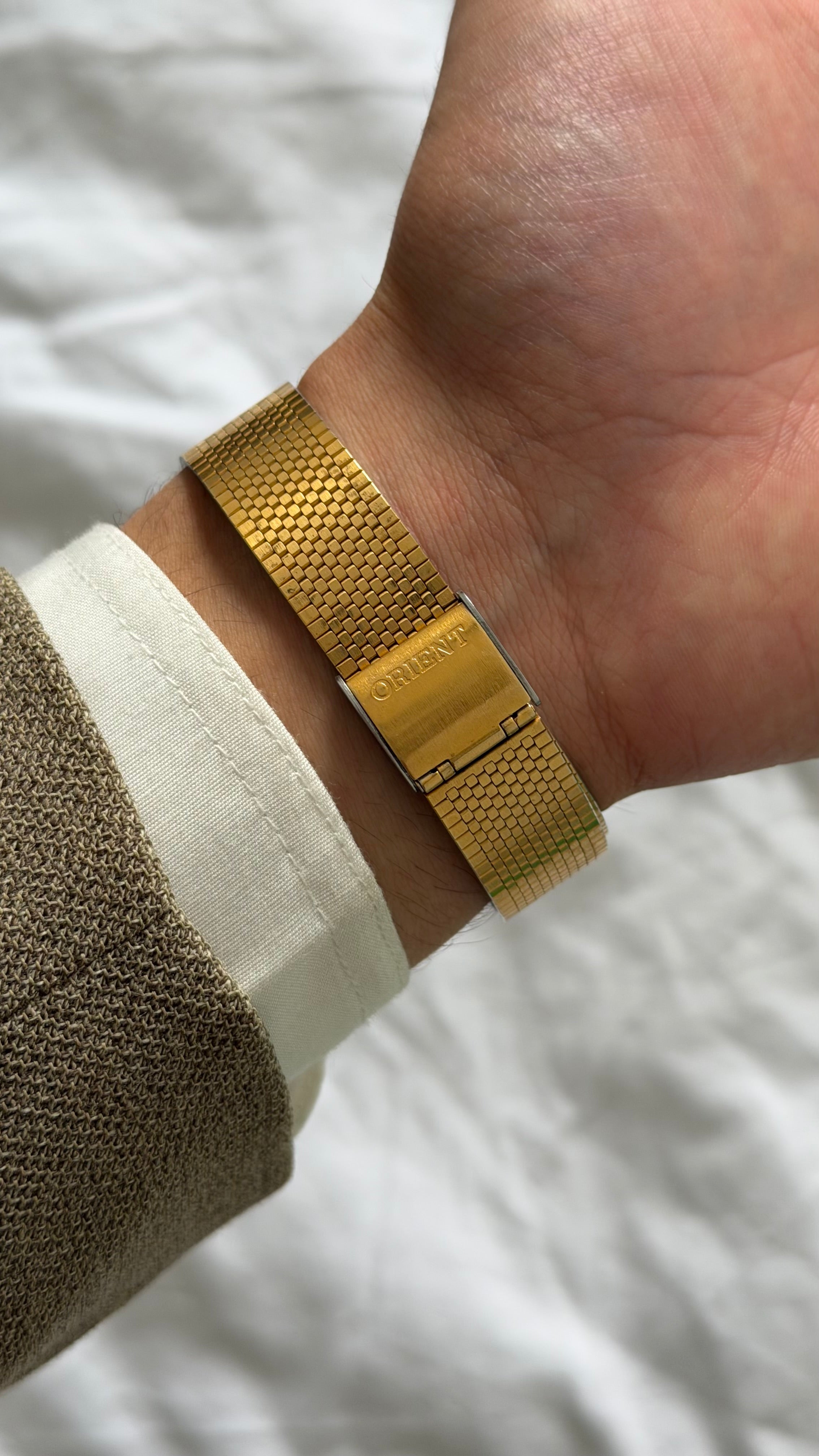 Oreint 1990s 20MM Linen Dial Gold Plated Stainless Steel Watch