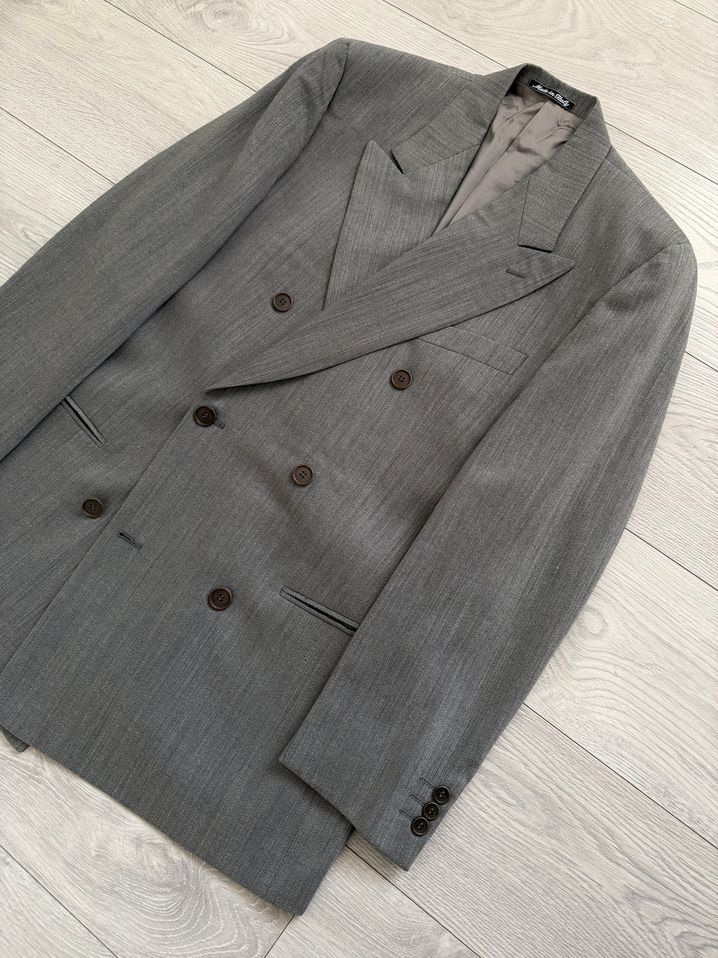 Giorgio Armani 1980s Peaked Lapel Double Breasted Herringbone Wool Grey Suit - Size M Jacket / 32" Waist