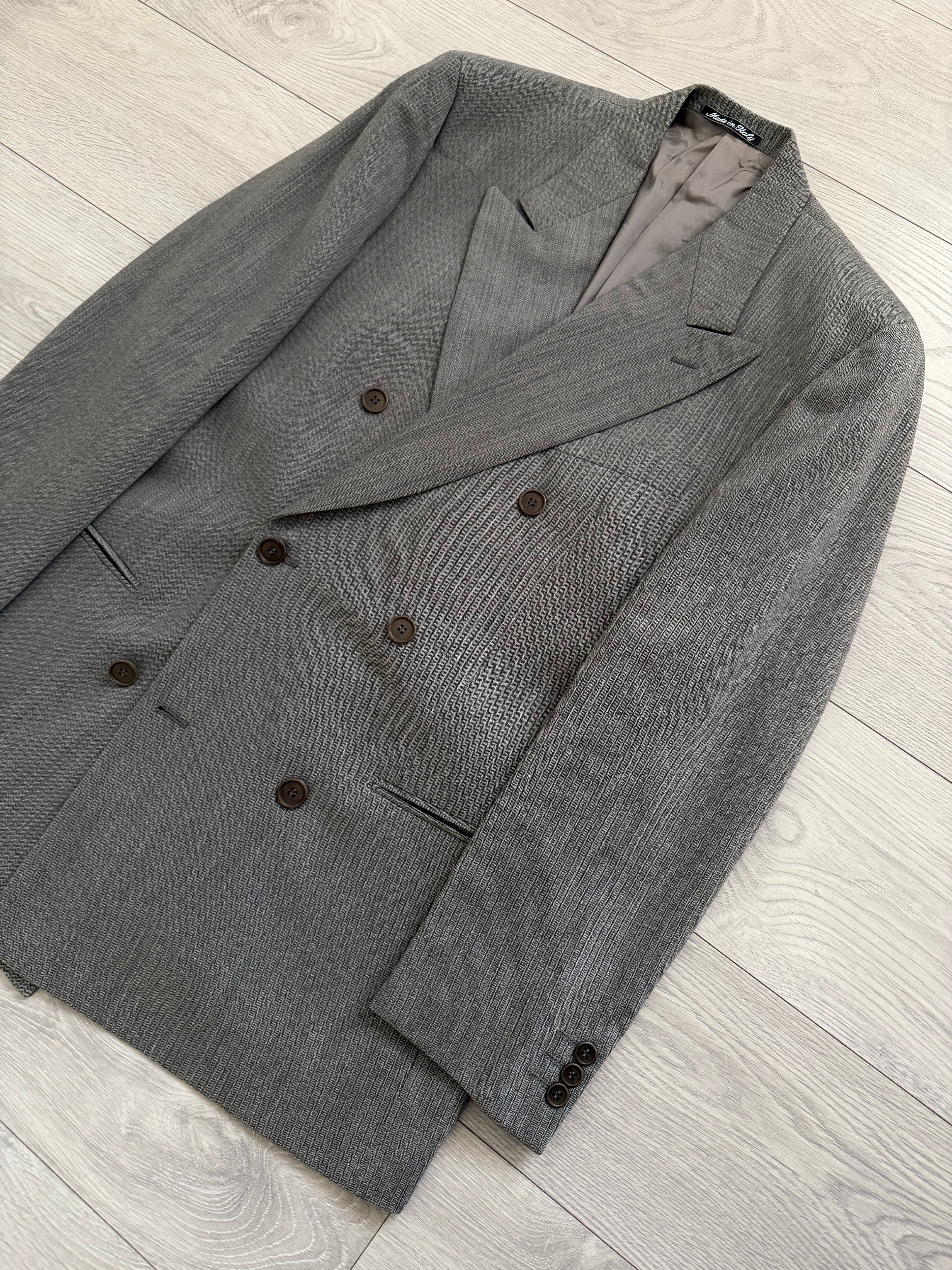 Giorgio Armani 1980s Peaked Lapel Double Breasted Herringbone Wool Grey Suit - Size M Jacket / 32" Waist