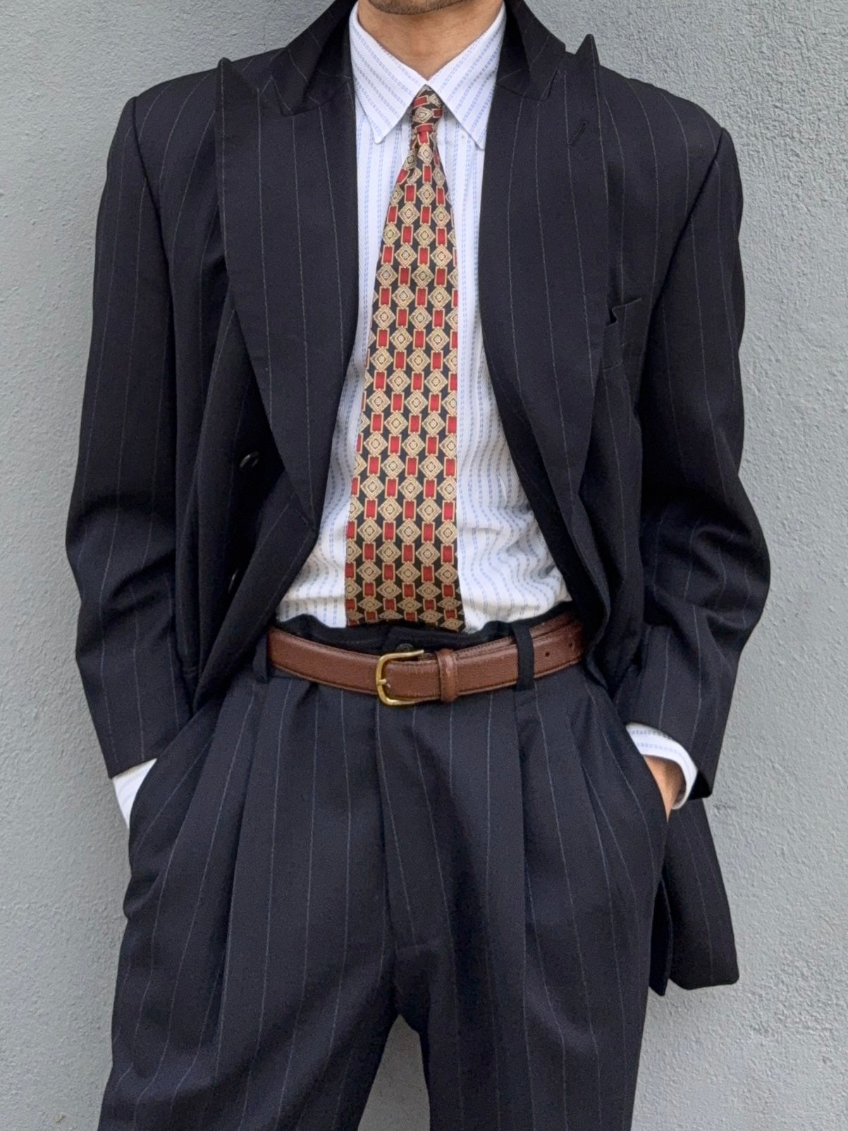 Hugo Boss 1990s 'Nostalgia' 6B Double Breasted Pleated Striped Wool Navy Suit - Size M Jacket / 32" Waist