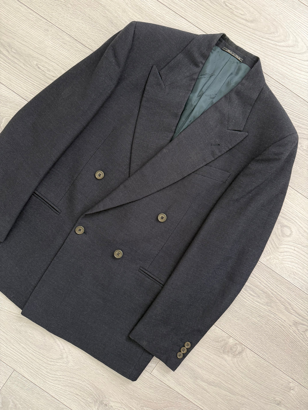 Krizia Armani 1990s Peaked Lapel Double Breasted Pleated Wool Suit Navy - Size M Jacket / 31" Waist
