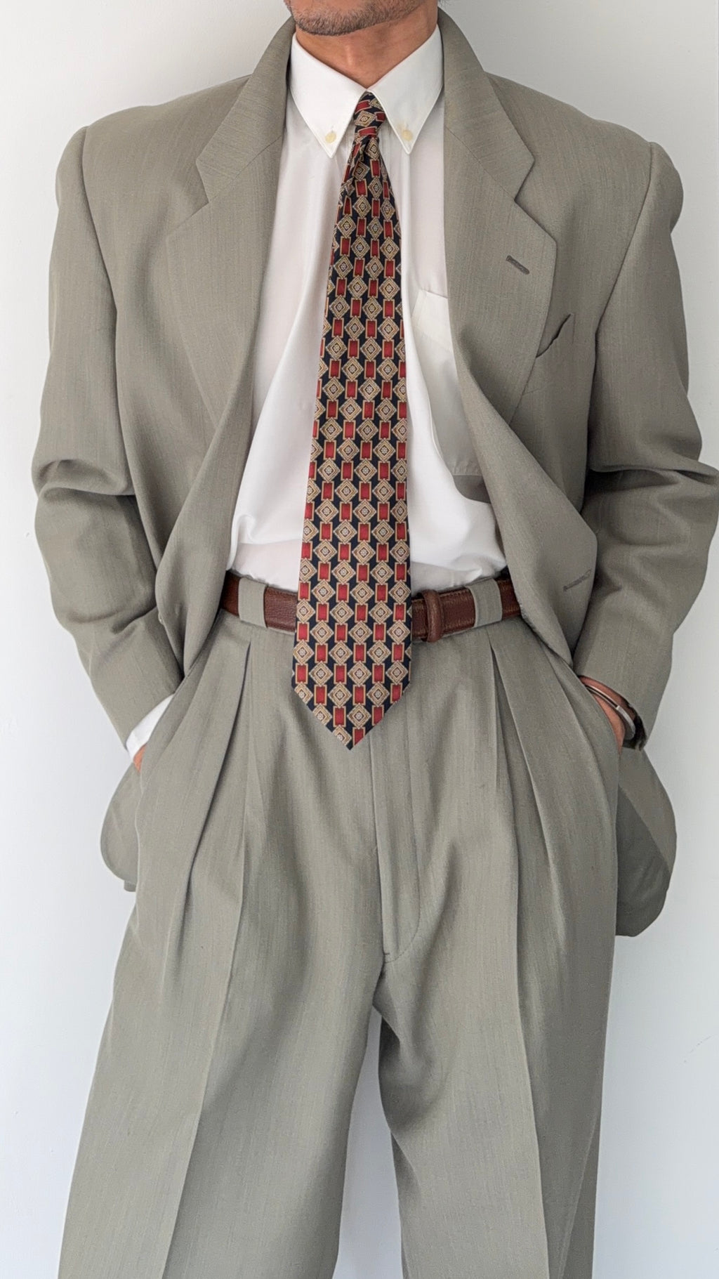 Emporio Armani 1980s 2B Taupe Siege Double-Pleat Wool Suit  - Size M Jacket / 31" Waist