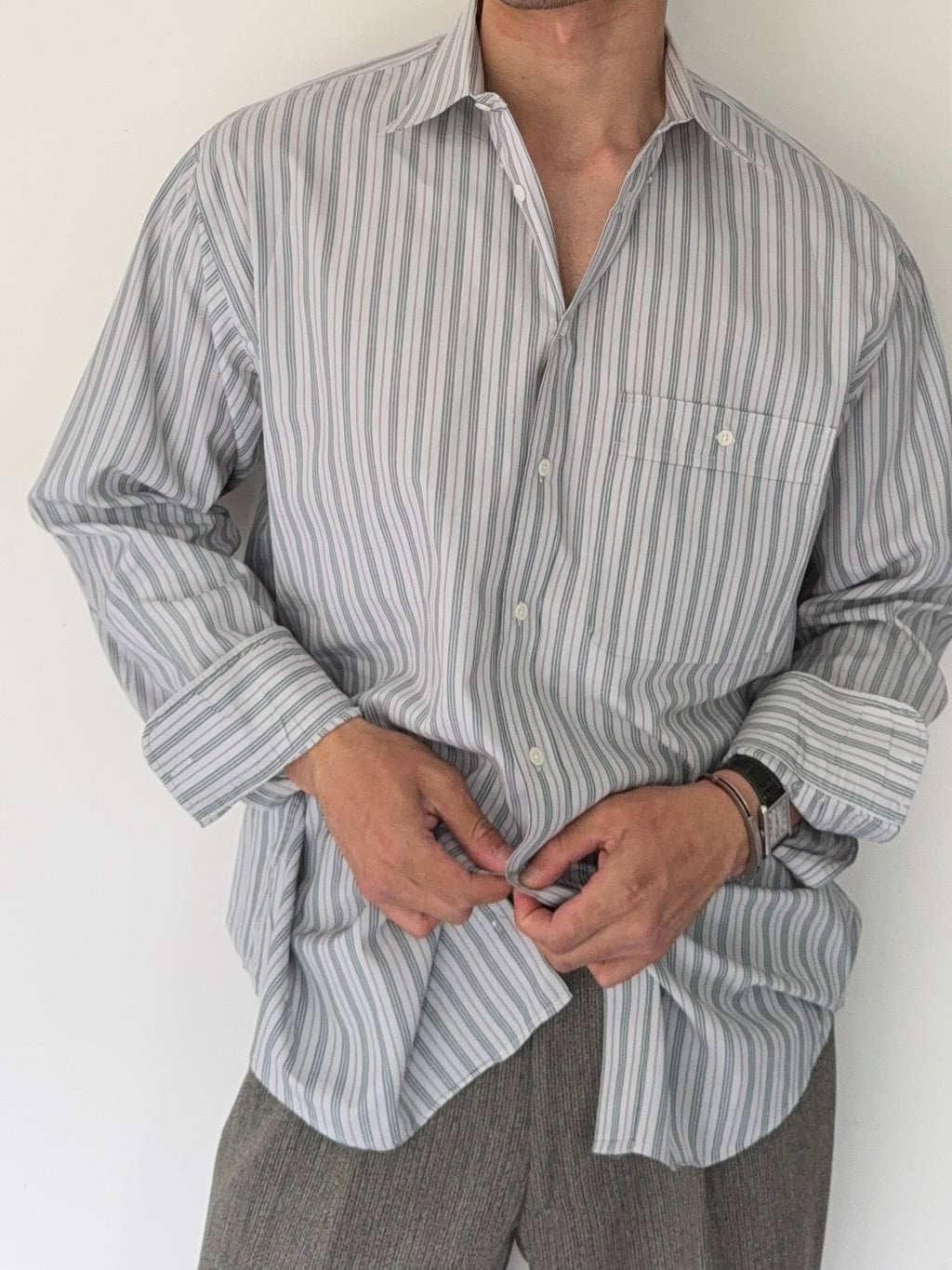 Giorgio Armani 1980s Snap Collar Chest Pocket Striped Cotton Shirt - Size XL