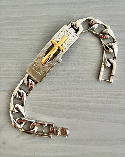 Jean Paul Gaultier 00s Stainless Steel Gold Cross Motif Watch Bracelet