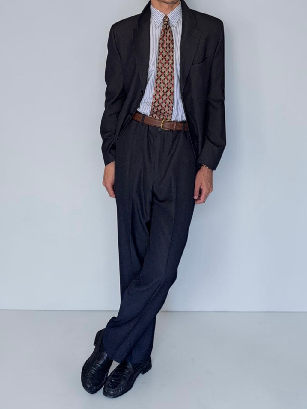 Emporio Armani 1990s 3B Wool Blend Draped Heathered Blue Suit - Size M Jacket / 32" Waist