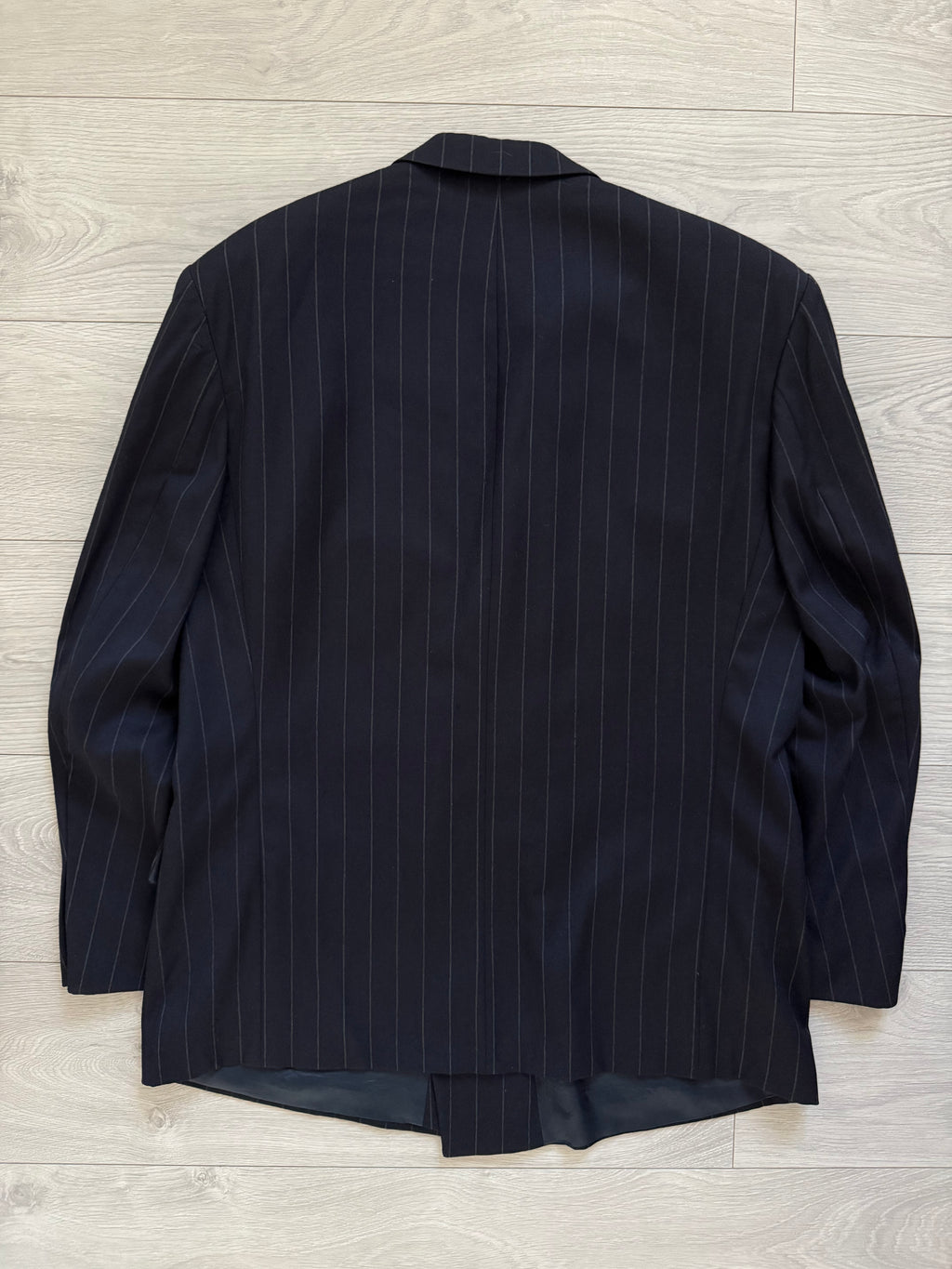 Hugo Boss 1980s 'Al Capone' Peak Lapel Double Breasted Pleated Striped Navy Suit - Size XXL Jacket / 36" Waist