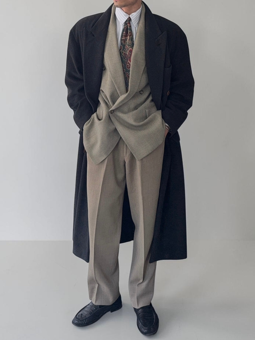 Hugo Boss 1980s 'Facel Vega' Double-Breasted Peaked Lapel Long Wool Coat - Size L