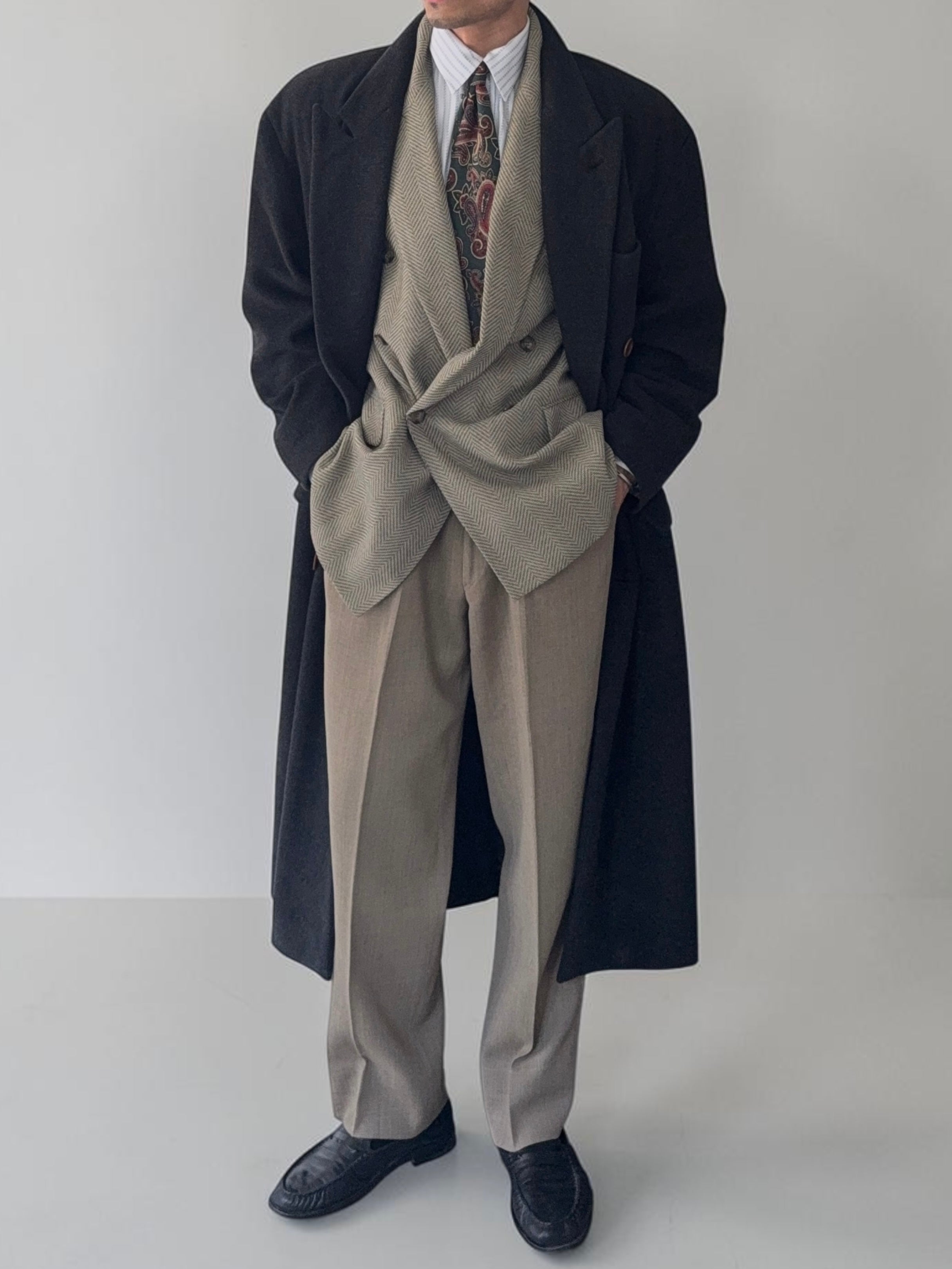 Hugo Boss 1980s 'Facel Vega' Double-Breasted Peaked Lapel Long Wool Coat - Size L