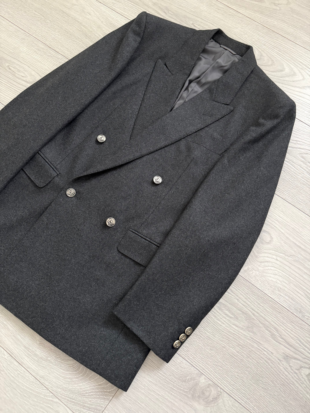 Christian Dior 1980s Peaked Lapel Double Breasted Metal Button Wool Suit - Size S Jacket / 29" Waist