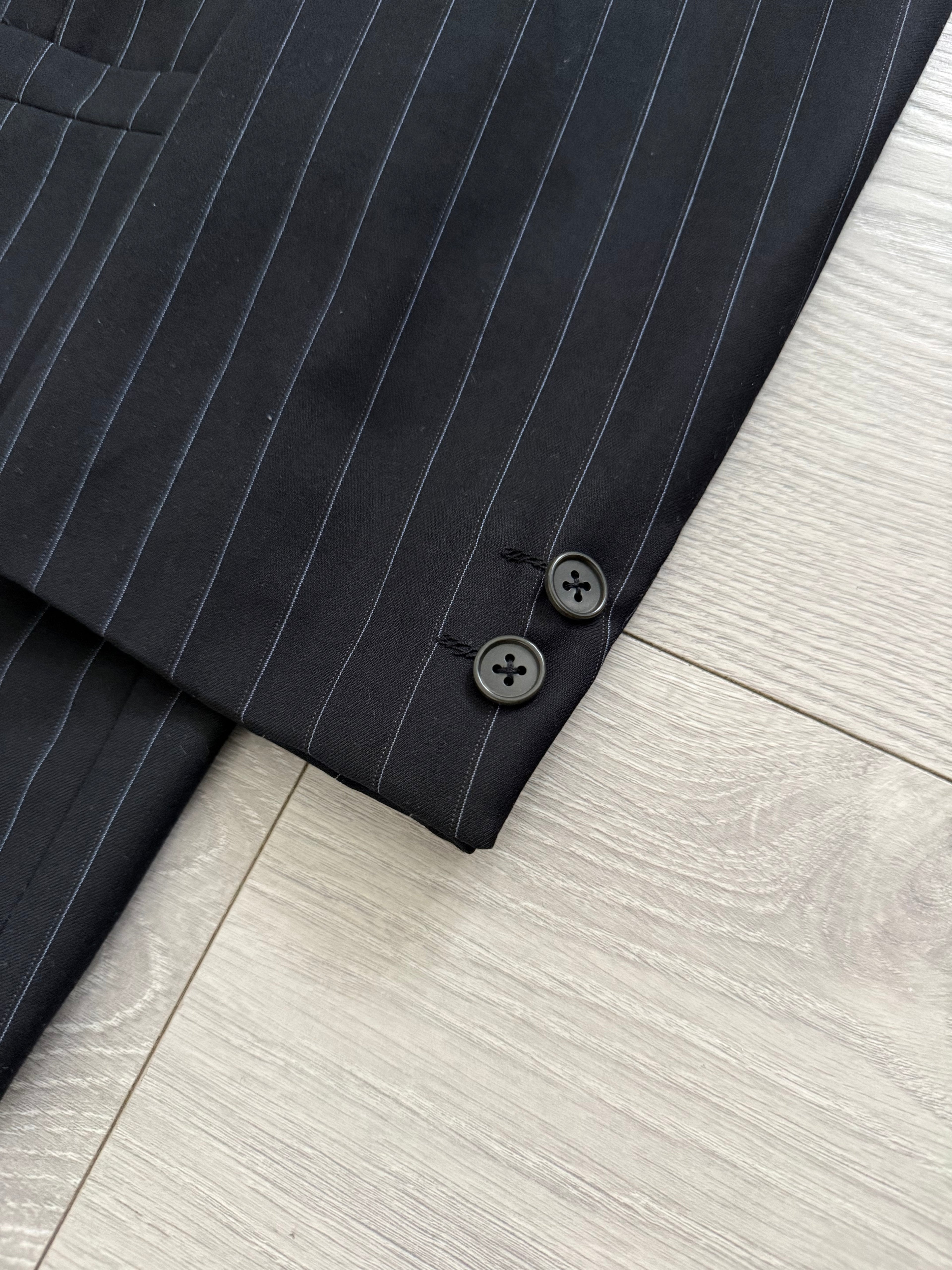 Versace 1980s Peak Lapel Double Breasted Triple Pleated Wool Striped Suit - Size L Jacket / 33" Waist