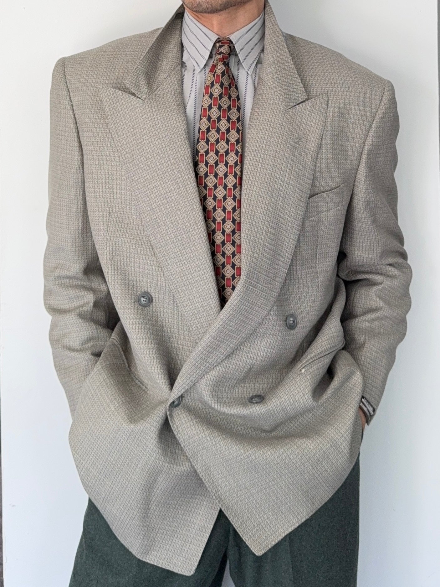 Valentino 1980s Peaked Lapel Double Breasted Grey Wool Blend Textured Sports Jacket Blazer - Size L