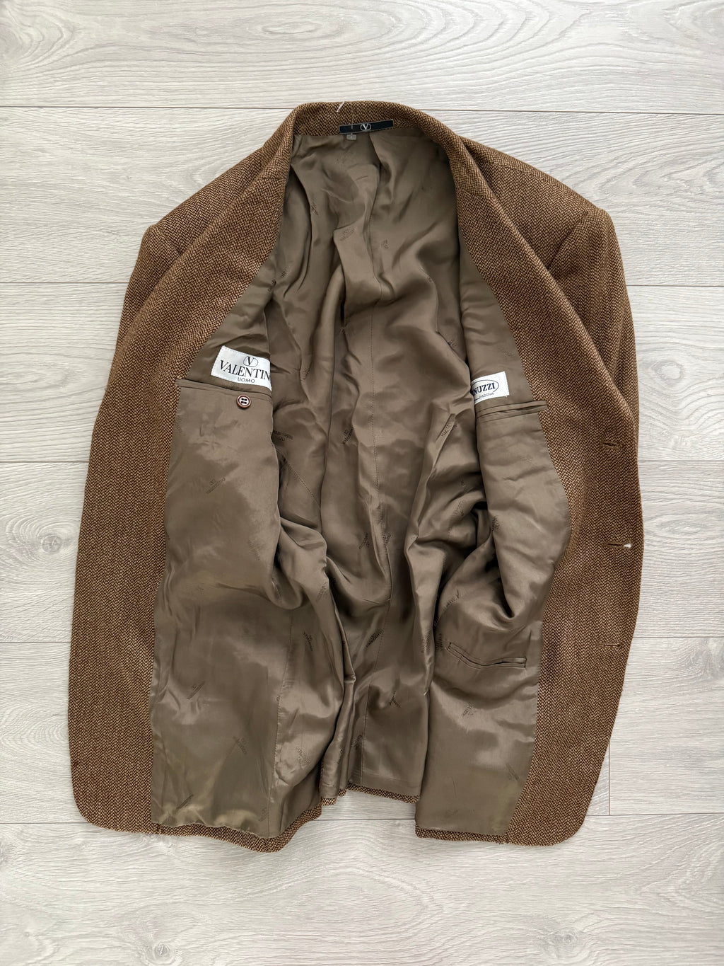 Valentino 1980s Micro Herringbone 3B Tobacco Brown Wool Sports Blazer Jacket - Size L