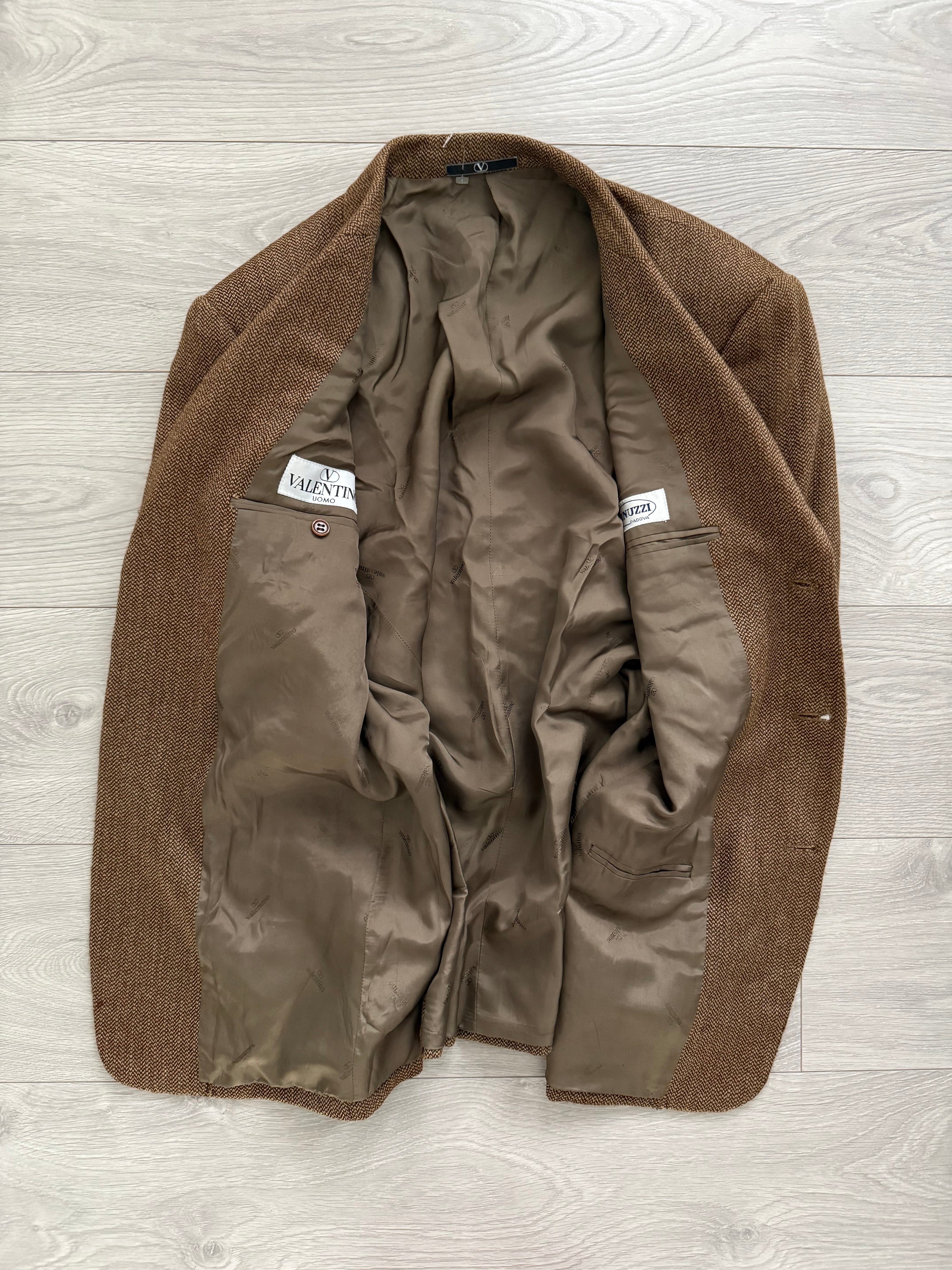 Valentino 1980s Micro Herringbone 3B Tobacco Brown Wool Sports Blazer Jacket - Size L