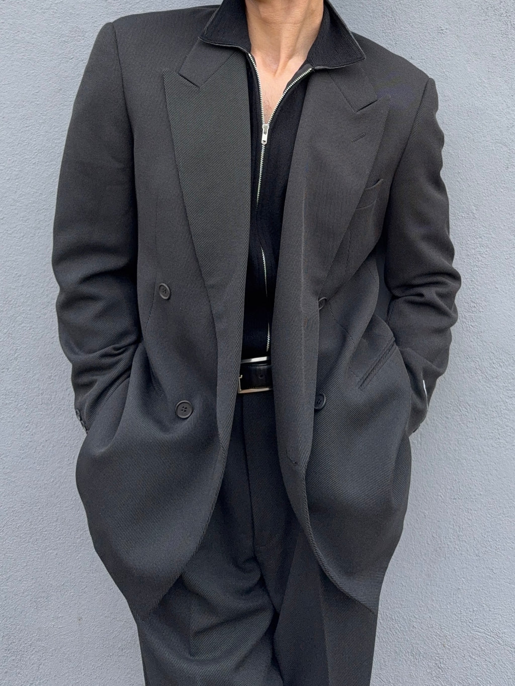 Giorgio Armani 1980s Double Breasted Pleated Wool Suit Black New - Size L Jacket / 32" Waist