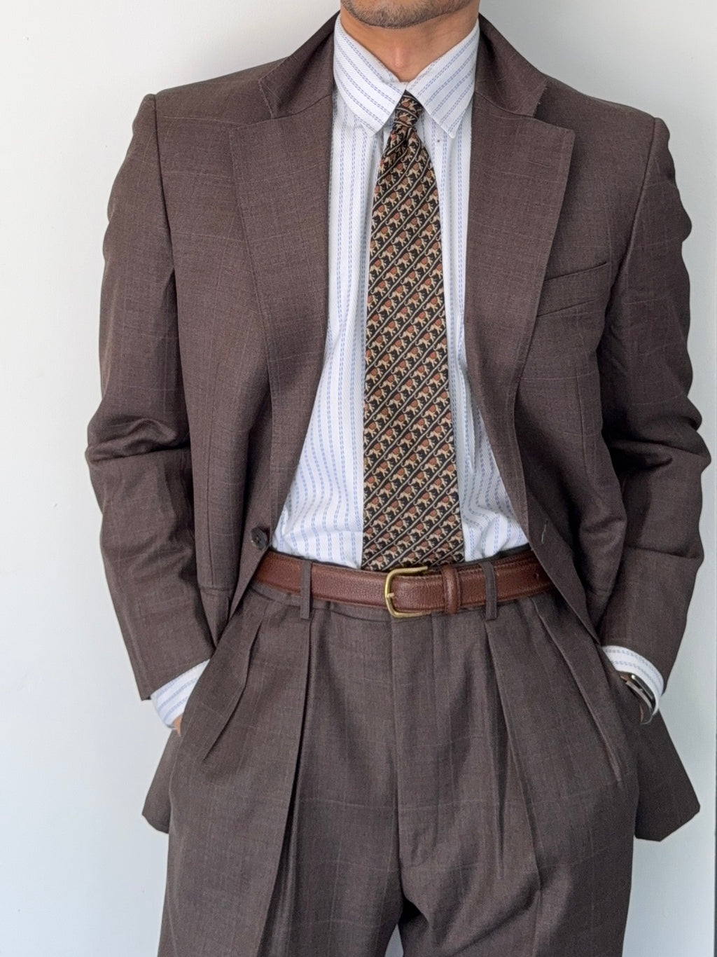 Burberry 1990s 2B Zegna Wool Check Double-Pleat Brown Suit - Size M Jacket / 33" Waist