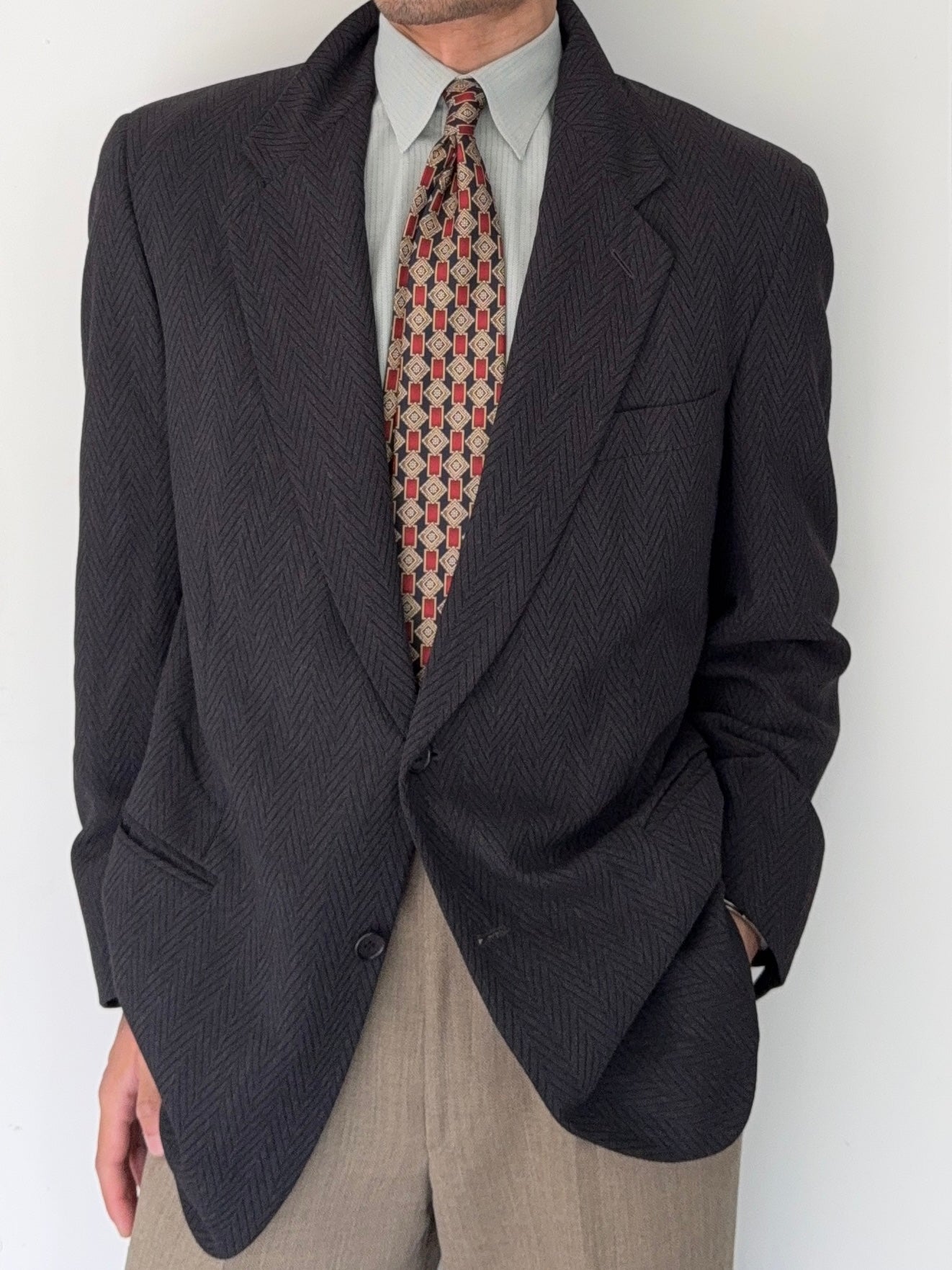 Hilton Armani 1980s 2B Chevron Herringbone Weave Wool Draped Jacket - Size L