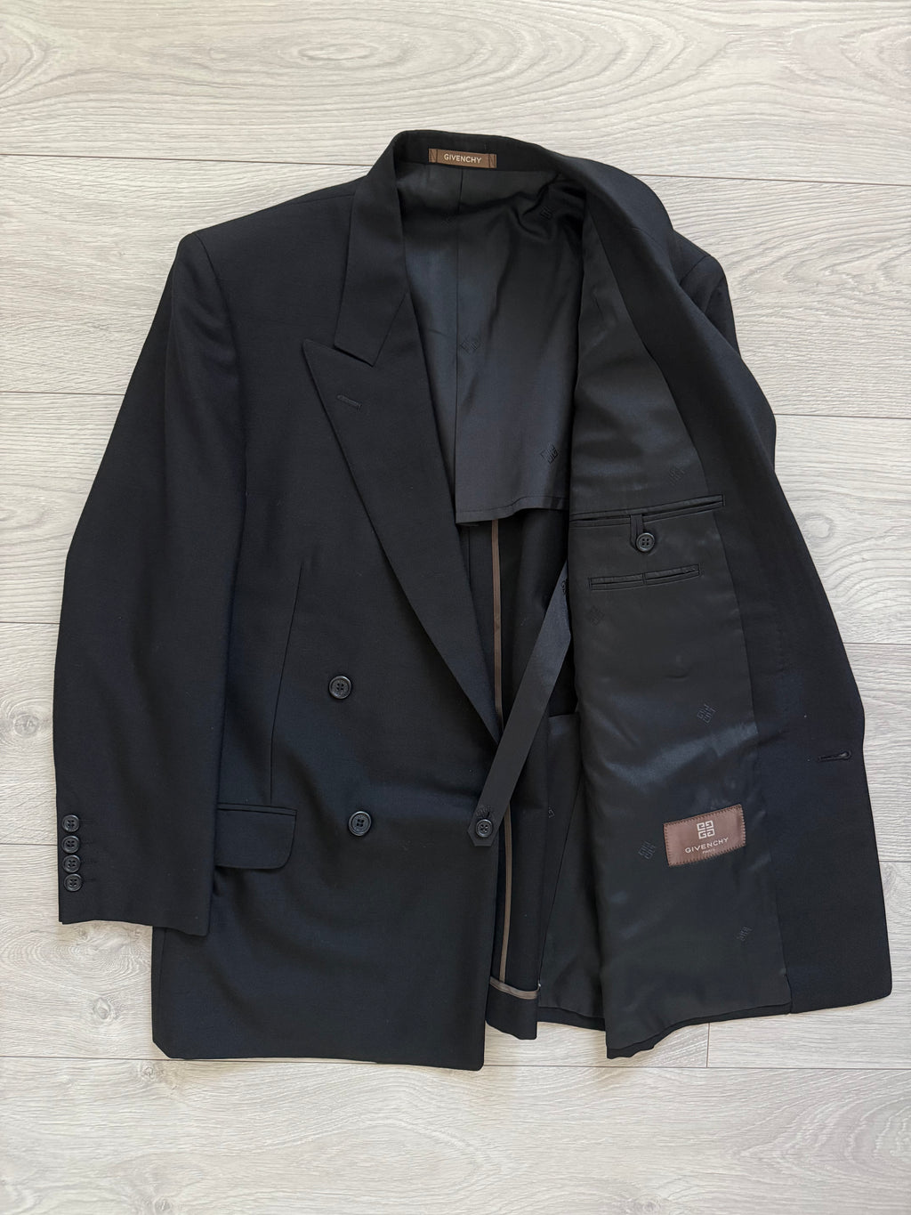Givenchy 1990s Peak Lapel Double Breasted Wool Black Suit - Size S Jacket / 28" Waist