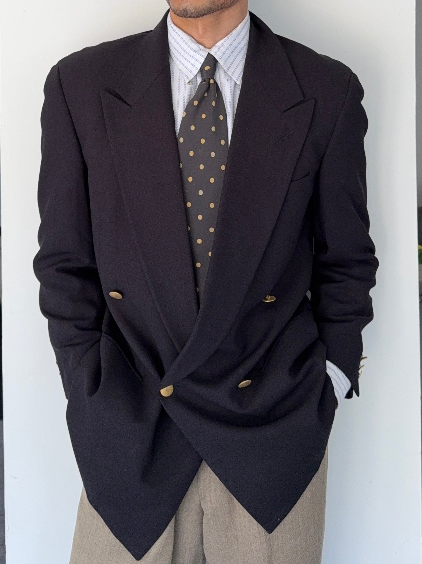 Giorgio Armani 1980s Peaked Lapel Double Breasted Metal Button Wool Sports Jacket Blazer - Size M