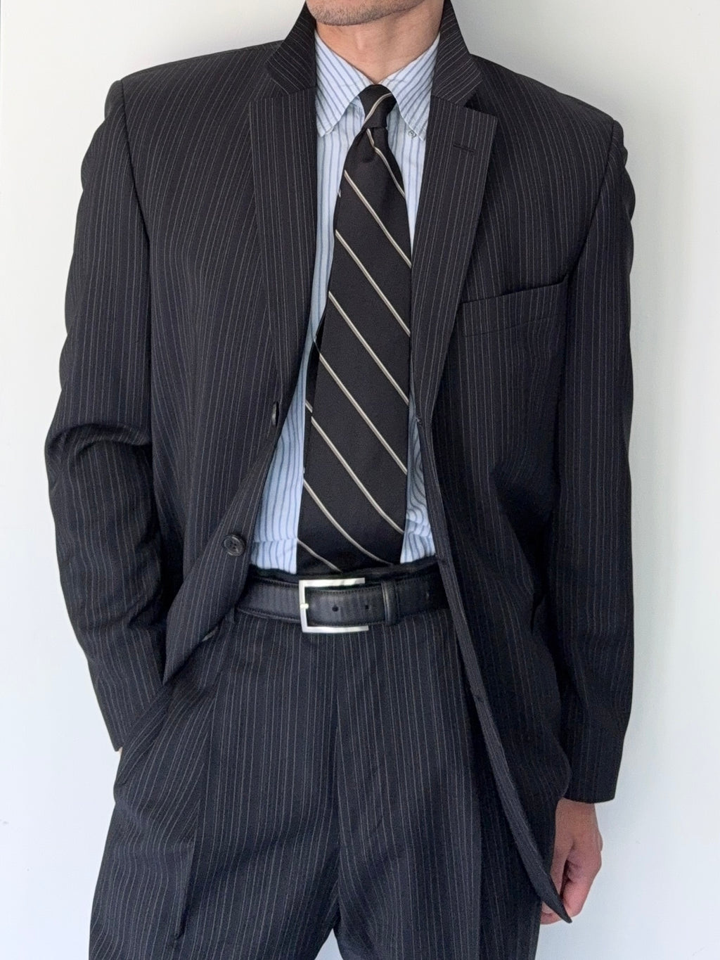 Hugo Boss 1990s 'Sigma' Striped Pleated Wool Suit Made in USA - Size M Jacket / 32" Waist